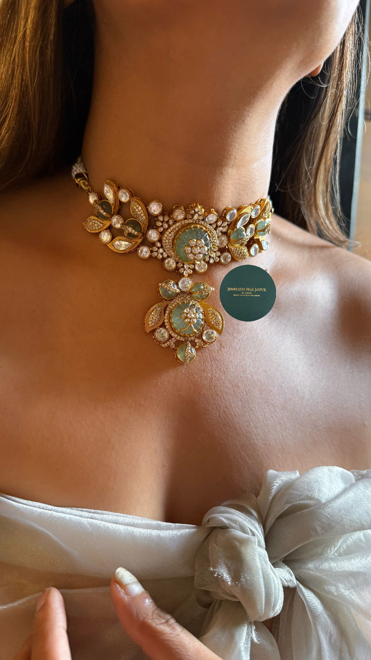 Mint doublet inlay floral & polki choker set