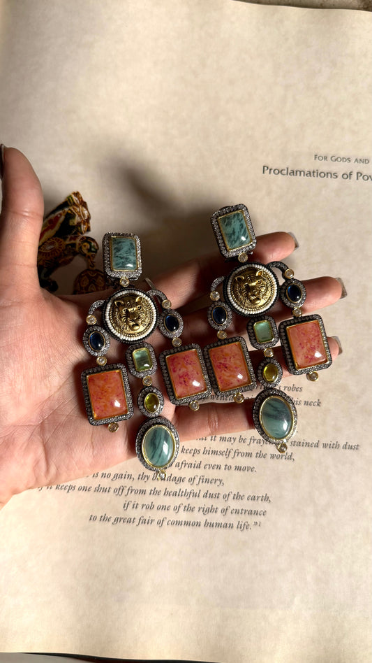 Sabhyasachi inspired sapphire, mint and orange designer earrings