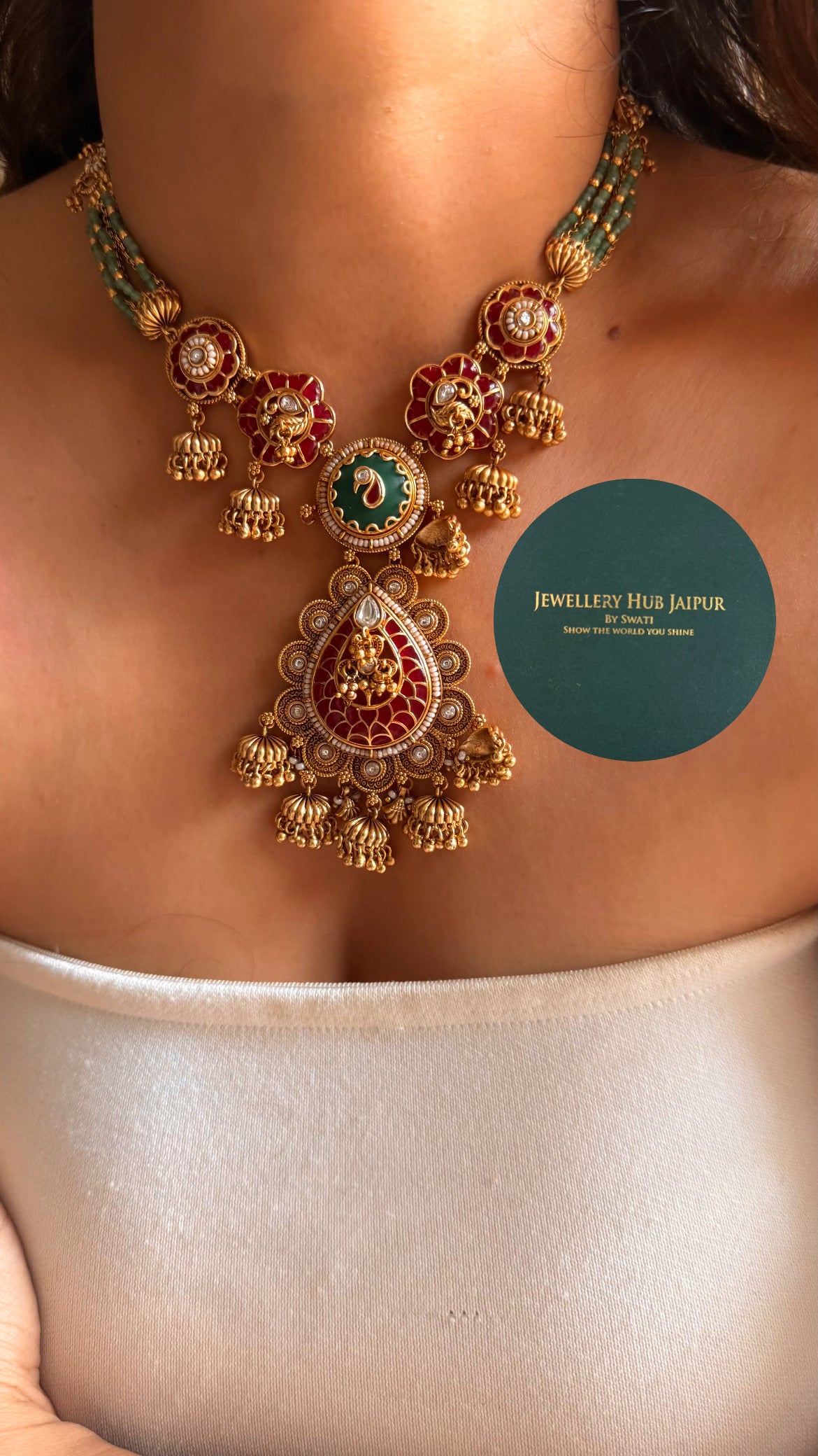 Ruby & emerald inlay work jhumka style rajwada collar set