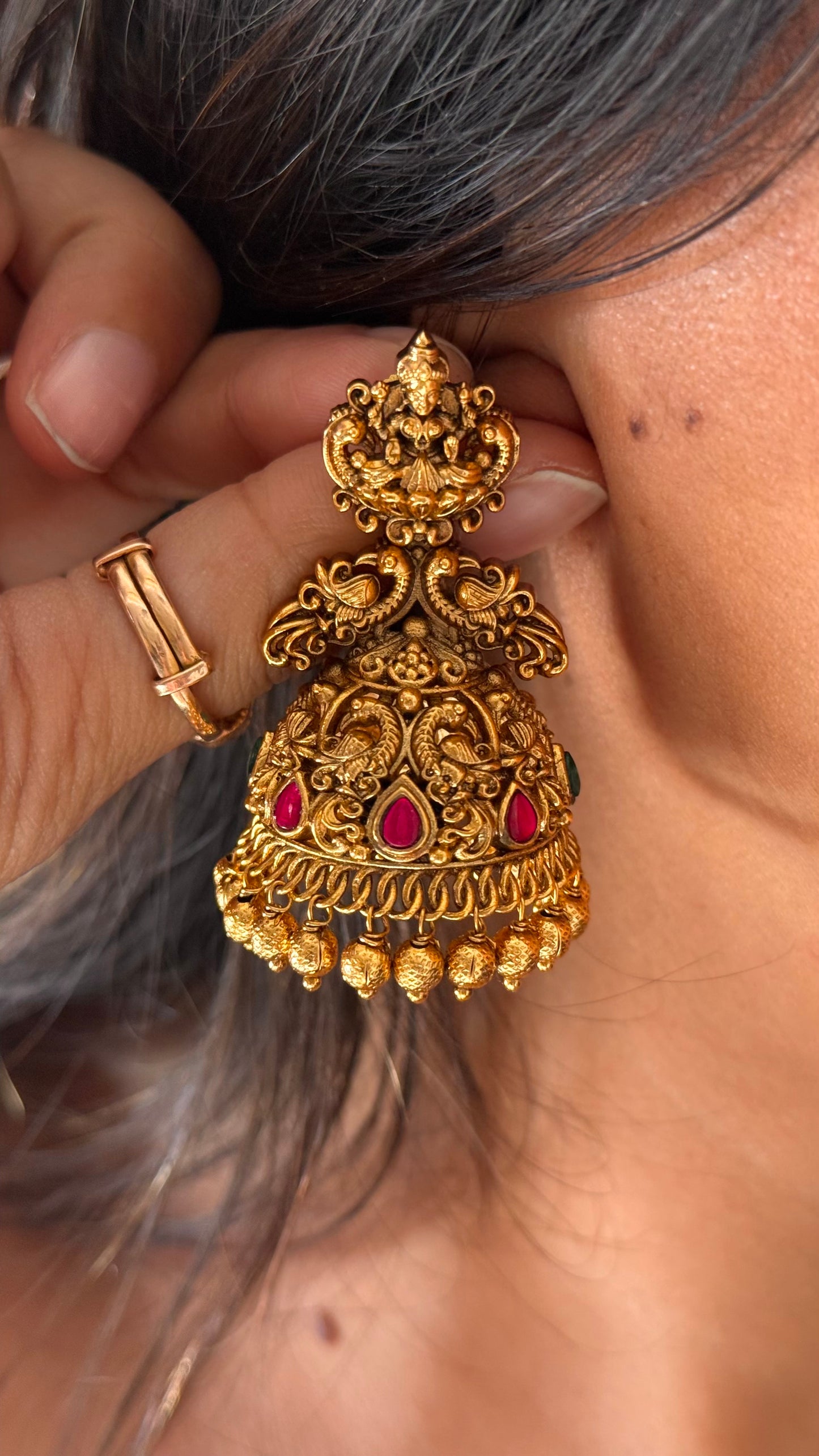 Goddess Laxmi Rani pink ruby temple Jhumka with gold drops