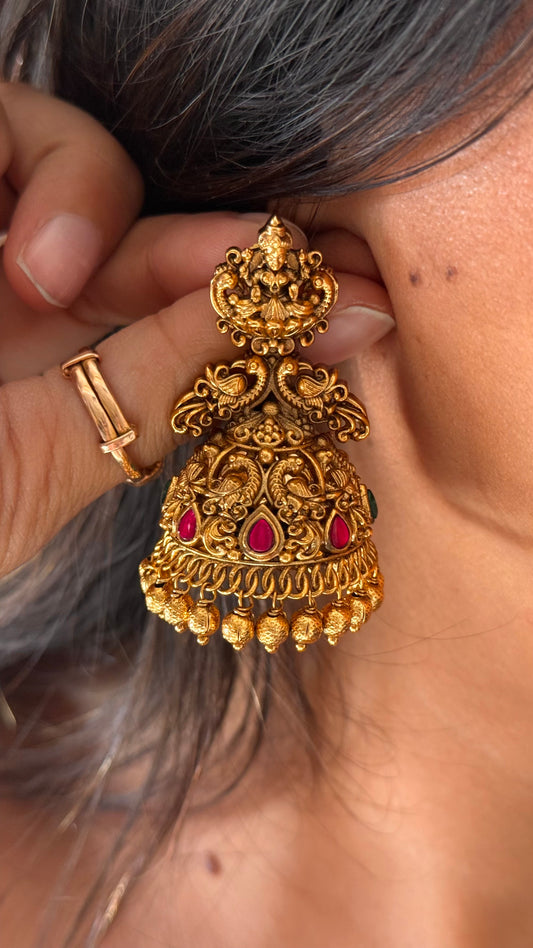 Goddess Laxmi Rani pink ruby temple Jhumka with gold drops