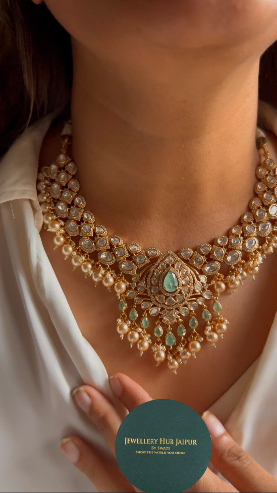 Mint doublets & moissanite polki necklace with maangtika