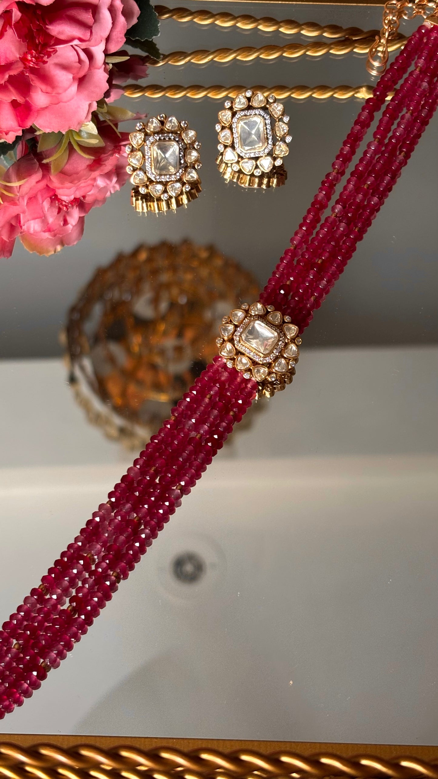 Lv peeli polki rani pink ruby pearl choker Necklace