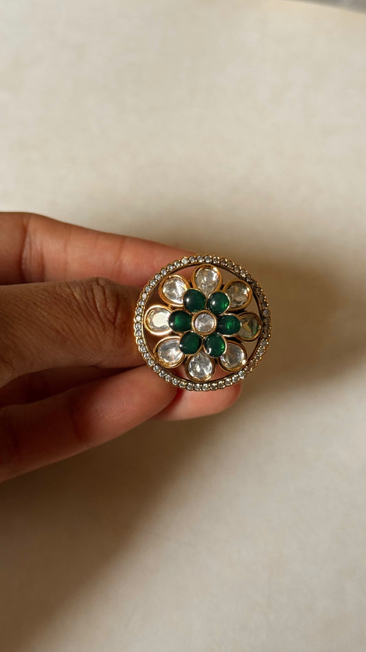 Emerald & moissanite floral adjustable ring