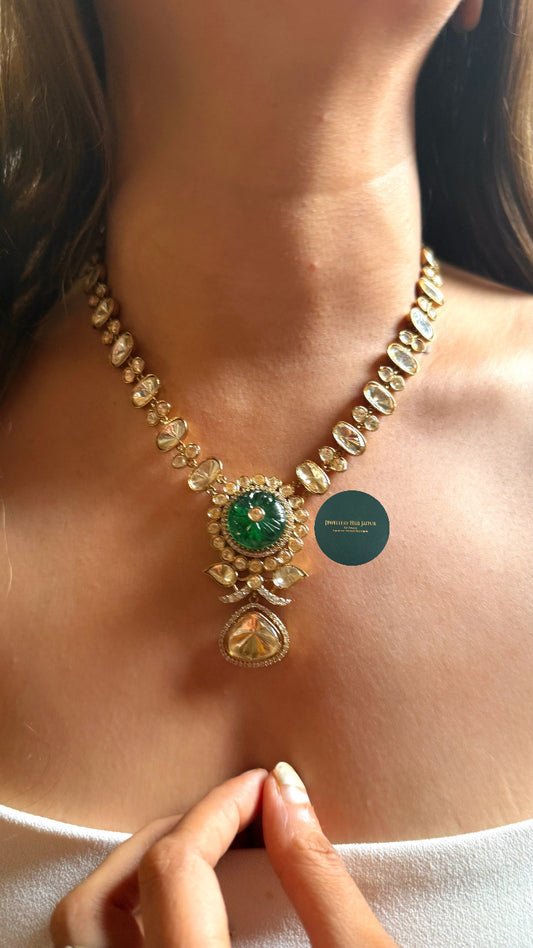 Emerald doublet inlay moissanite polki set
