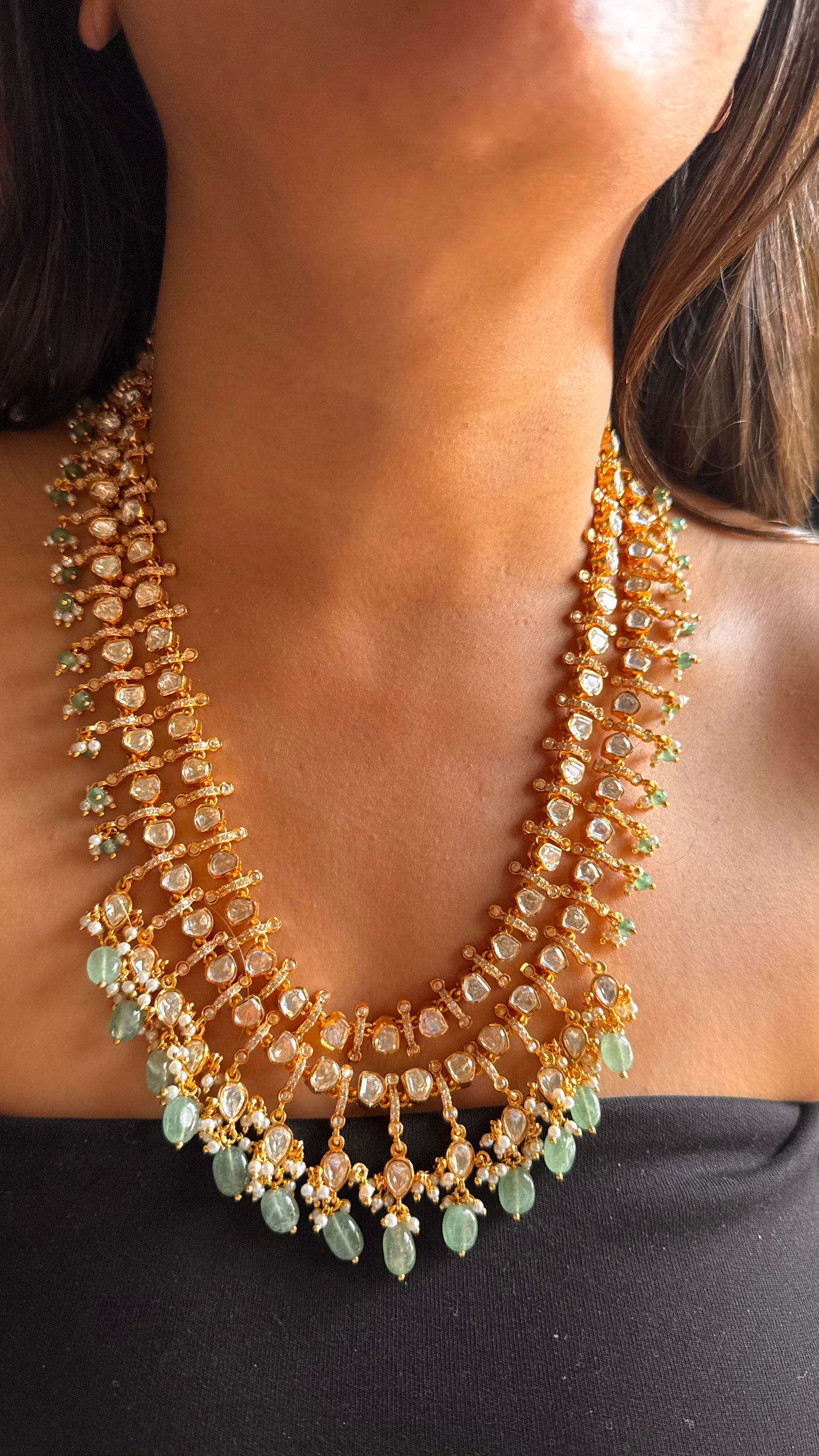 dual line Real moissanite with mint strawberry drops long necklace