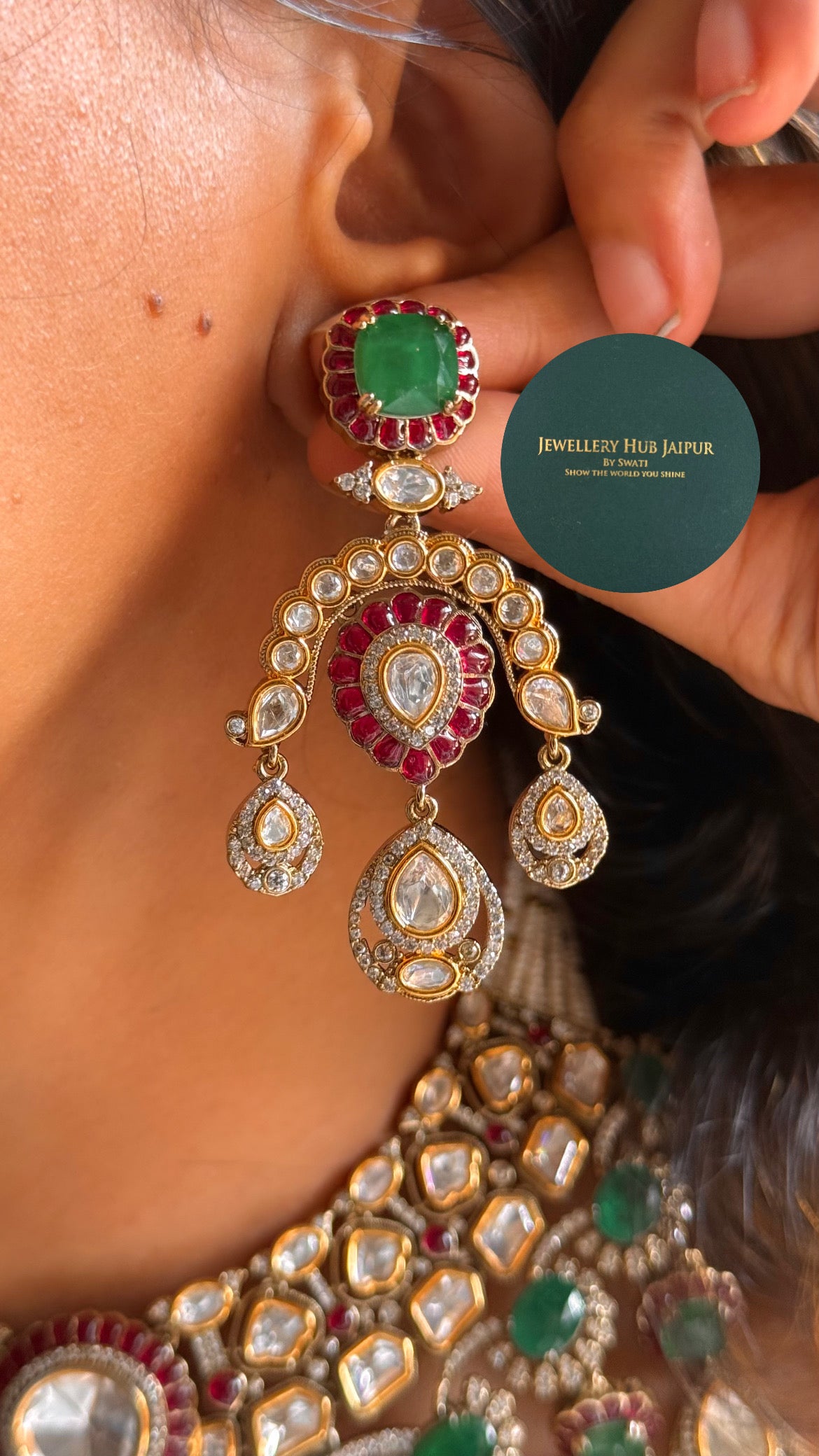Emerald doublet & rani pink moissanite uncut polki bridal choker set