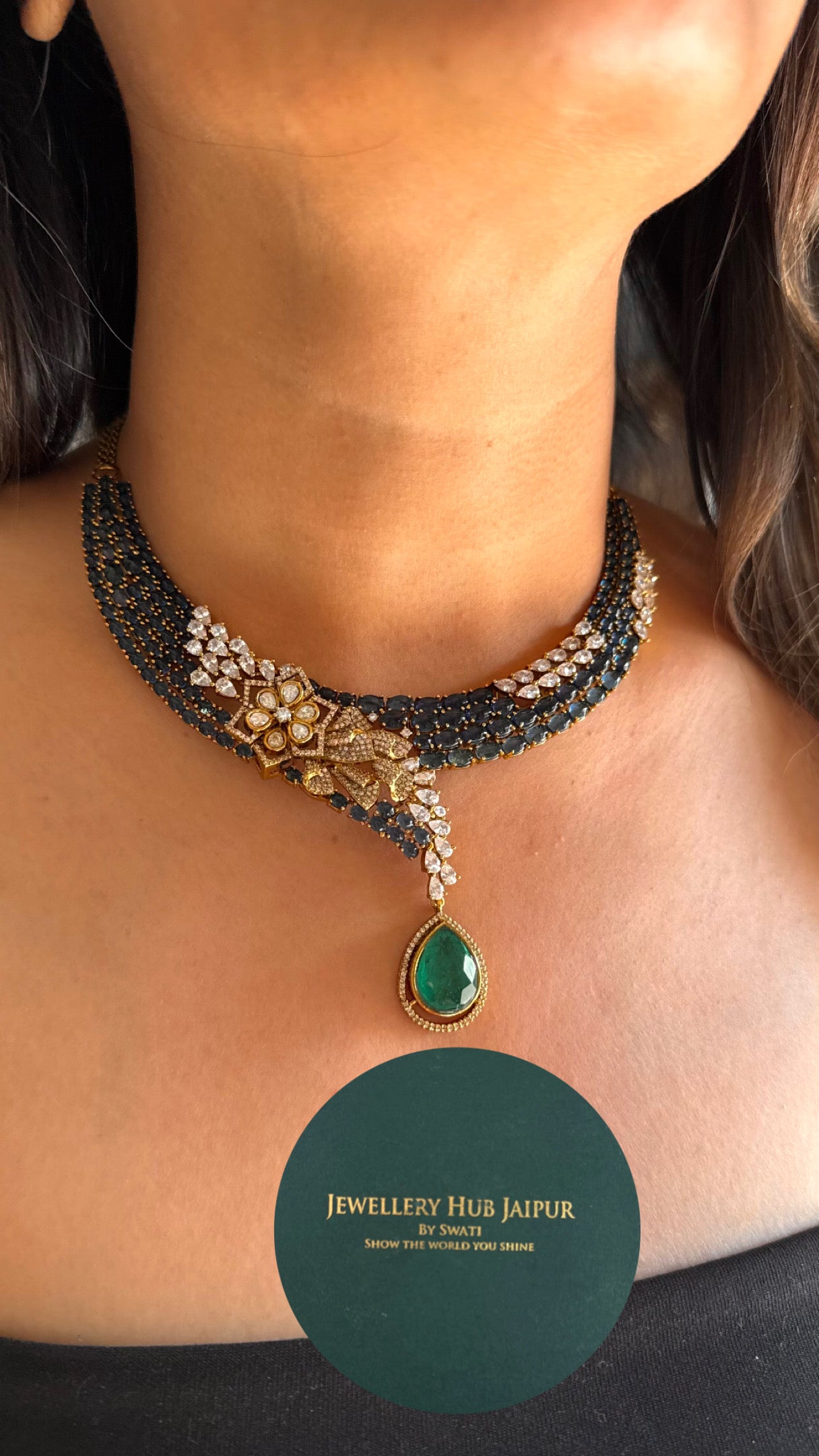 Sapphire floral emerald tear drop necklace