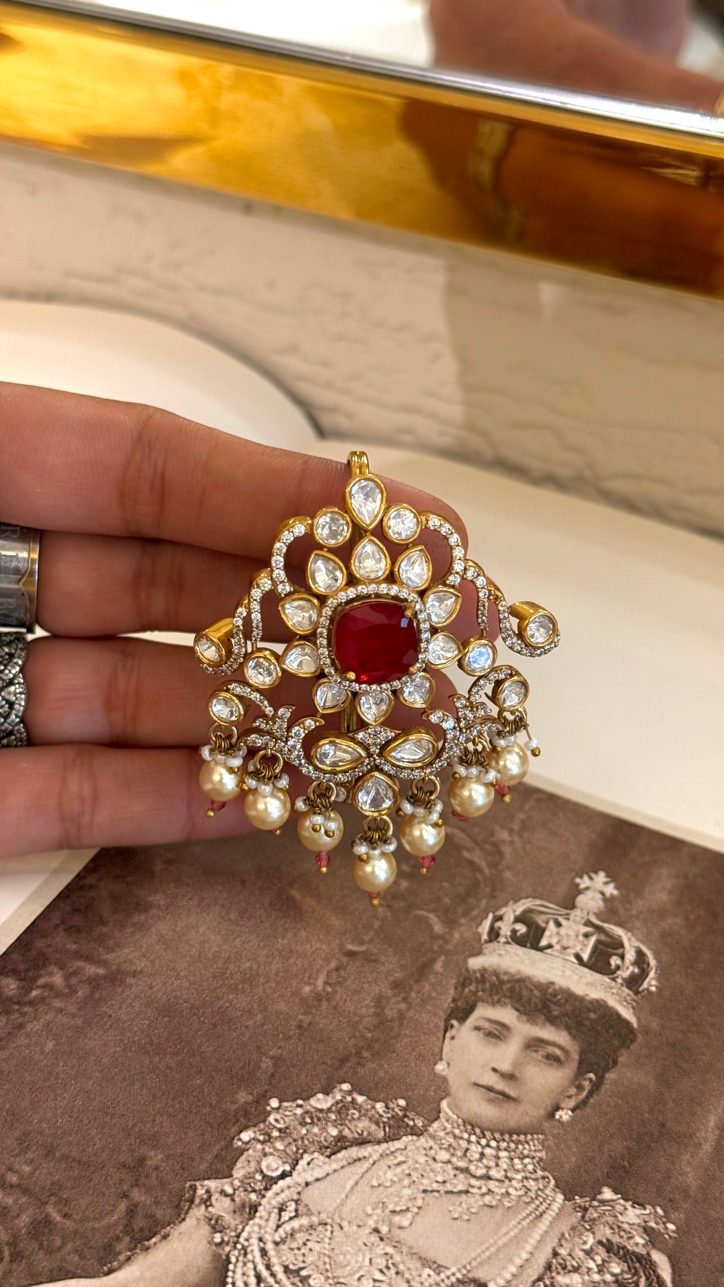 Ruby moissanite pokli kalgi with pearl detailing