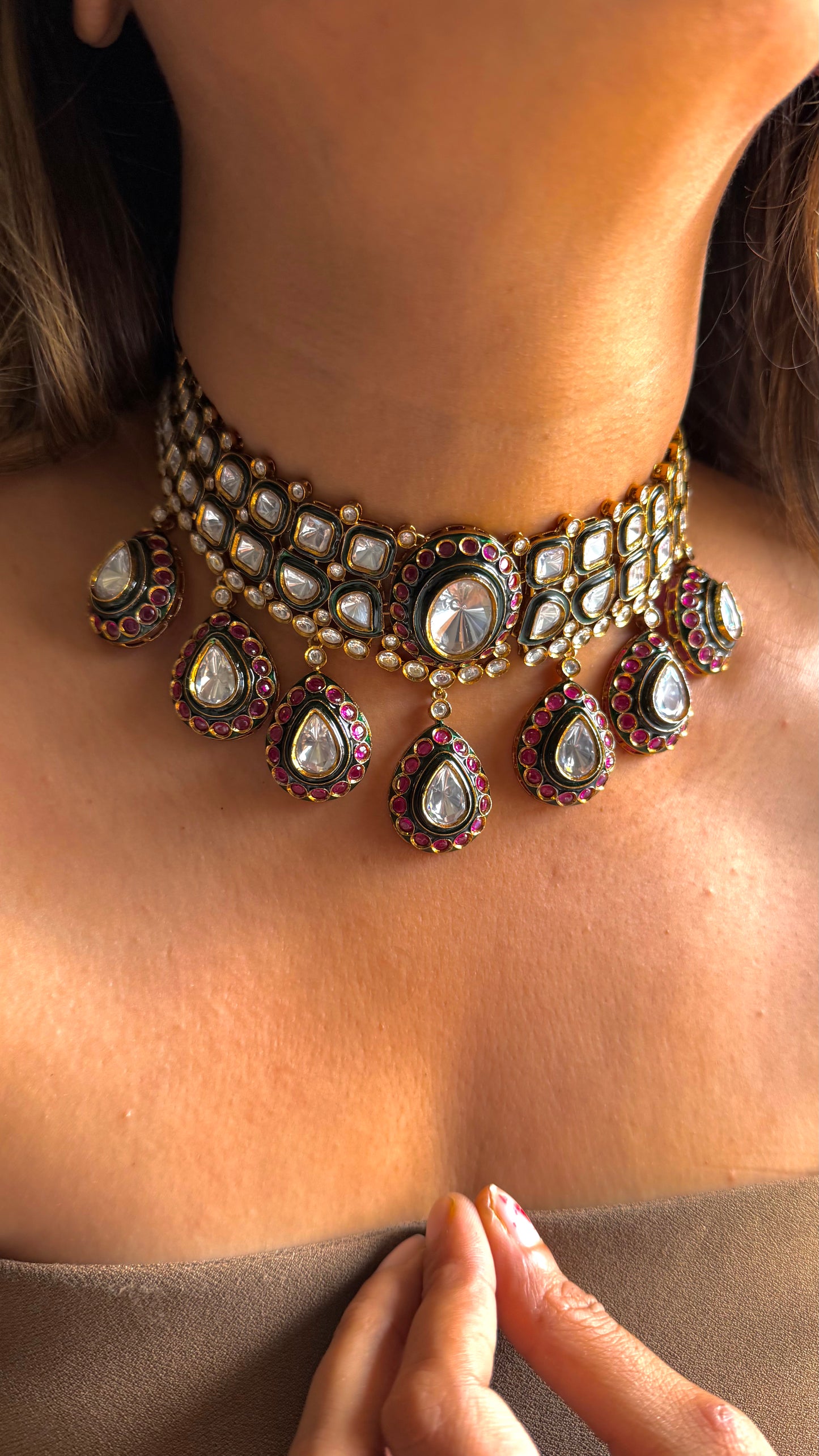 Emerald & Rani pink meenakari uncut polki choker