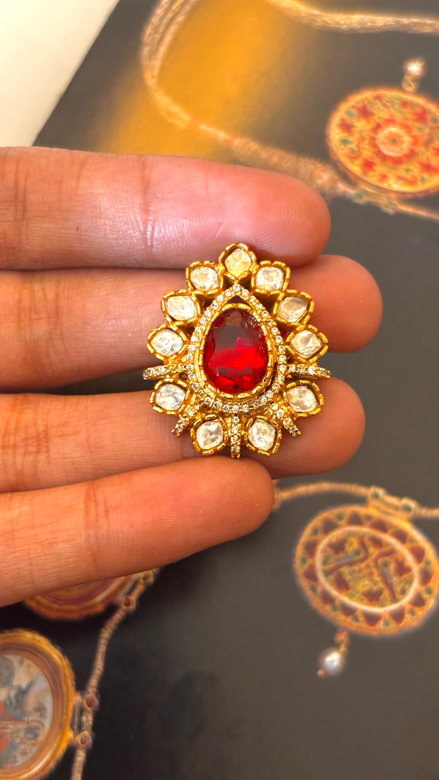 Ruby drop shape polki ring
