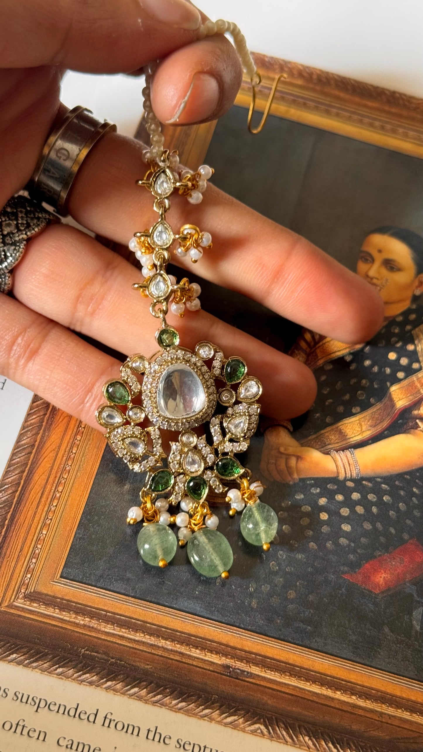 Emerald with mint drops polki maangtika