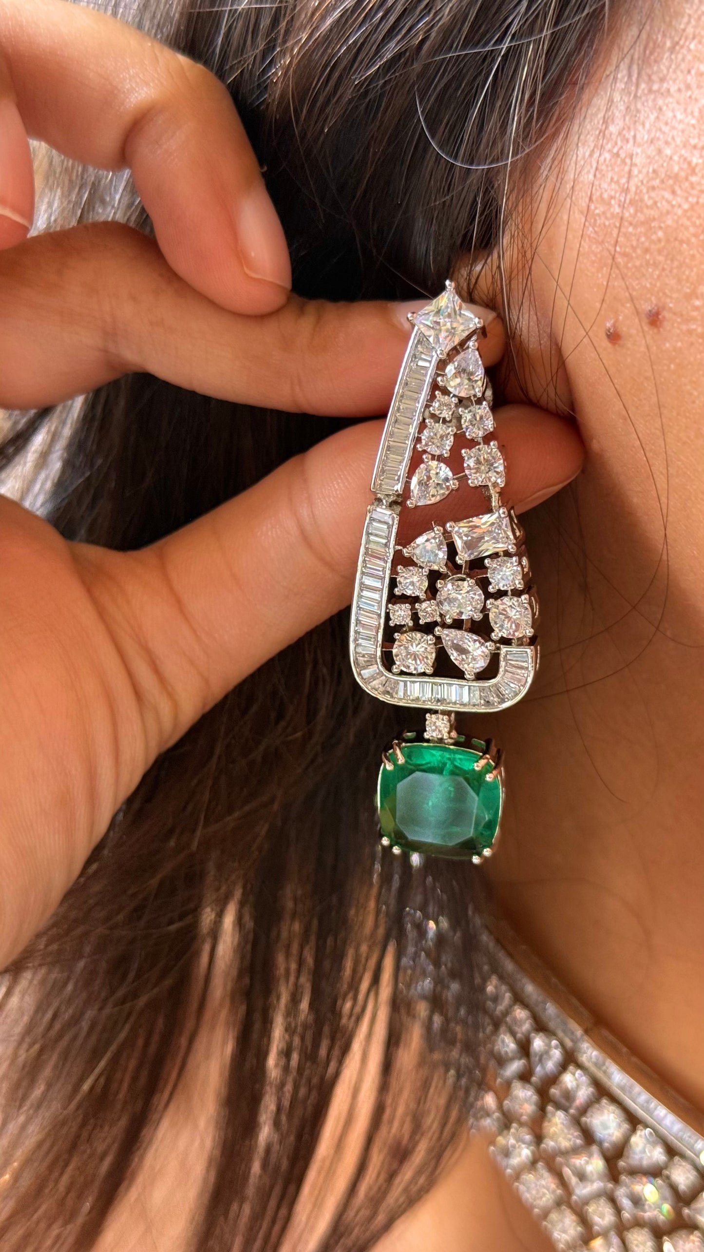 Emerald doublet cz diamond square cut necklace