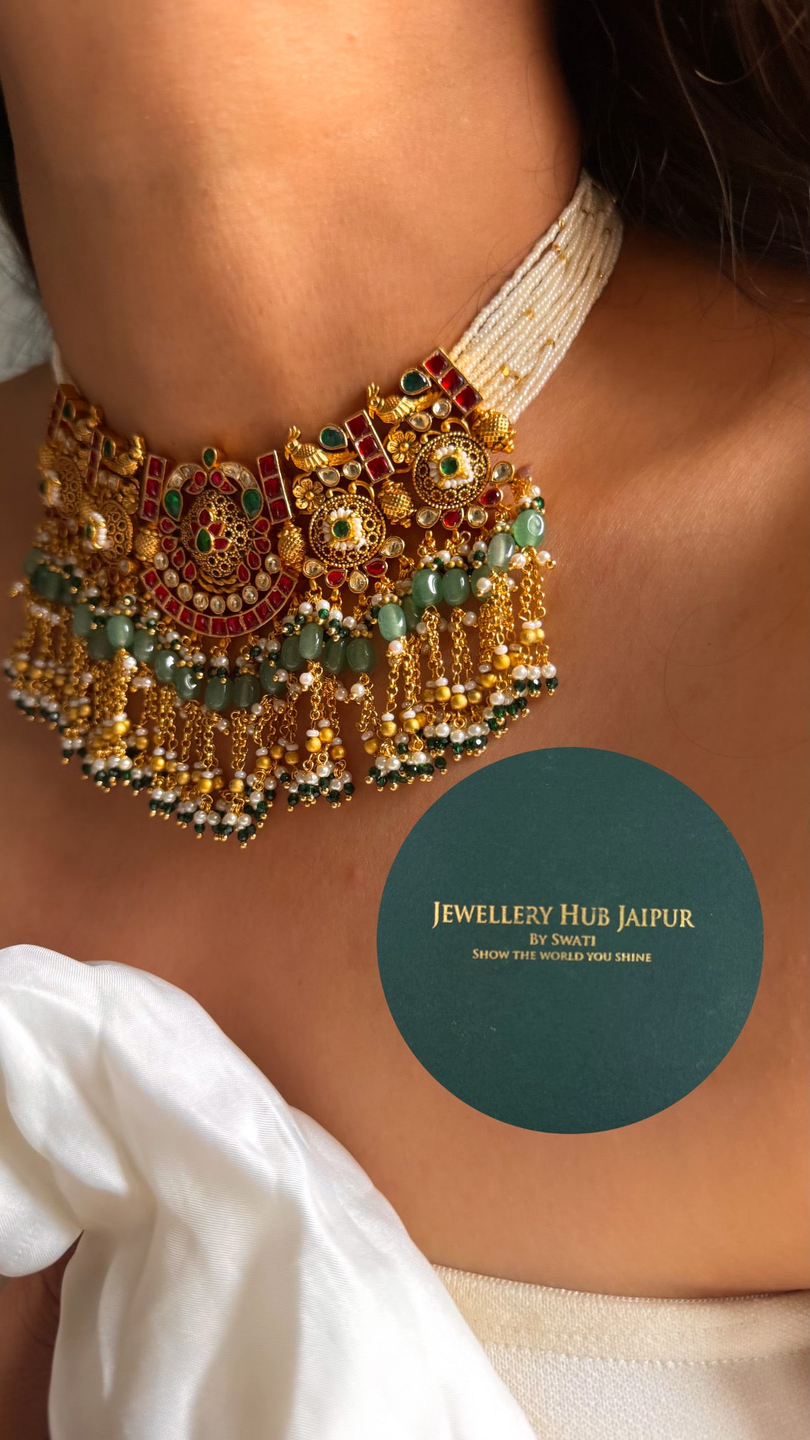 Handmade Heritage Polki Rani pink & emerald heritage rajwada with mint drop choker set