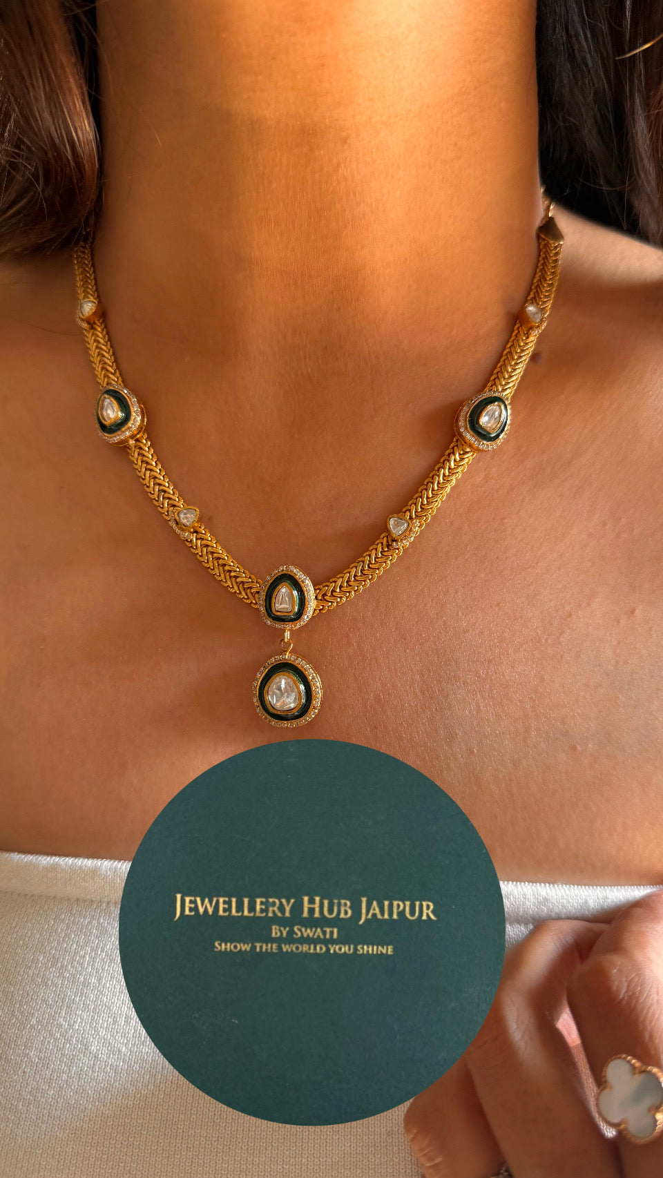 Emerald gold meenakari minimalist necklace