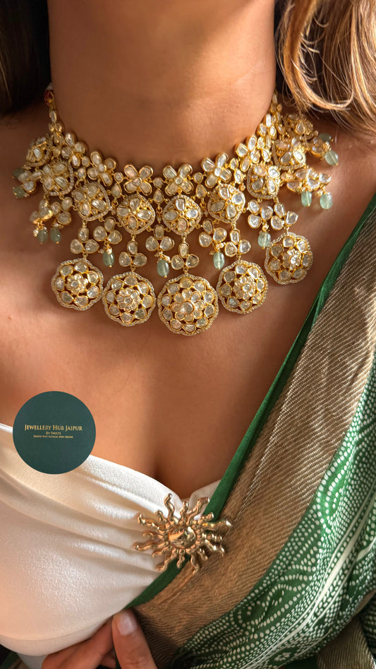 Real Moissanite with peeli polki mint drops necklace