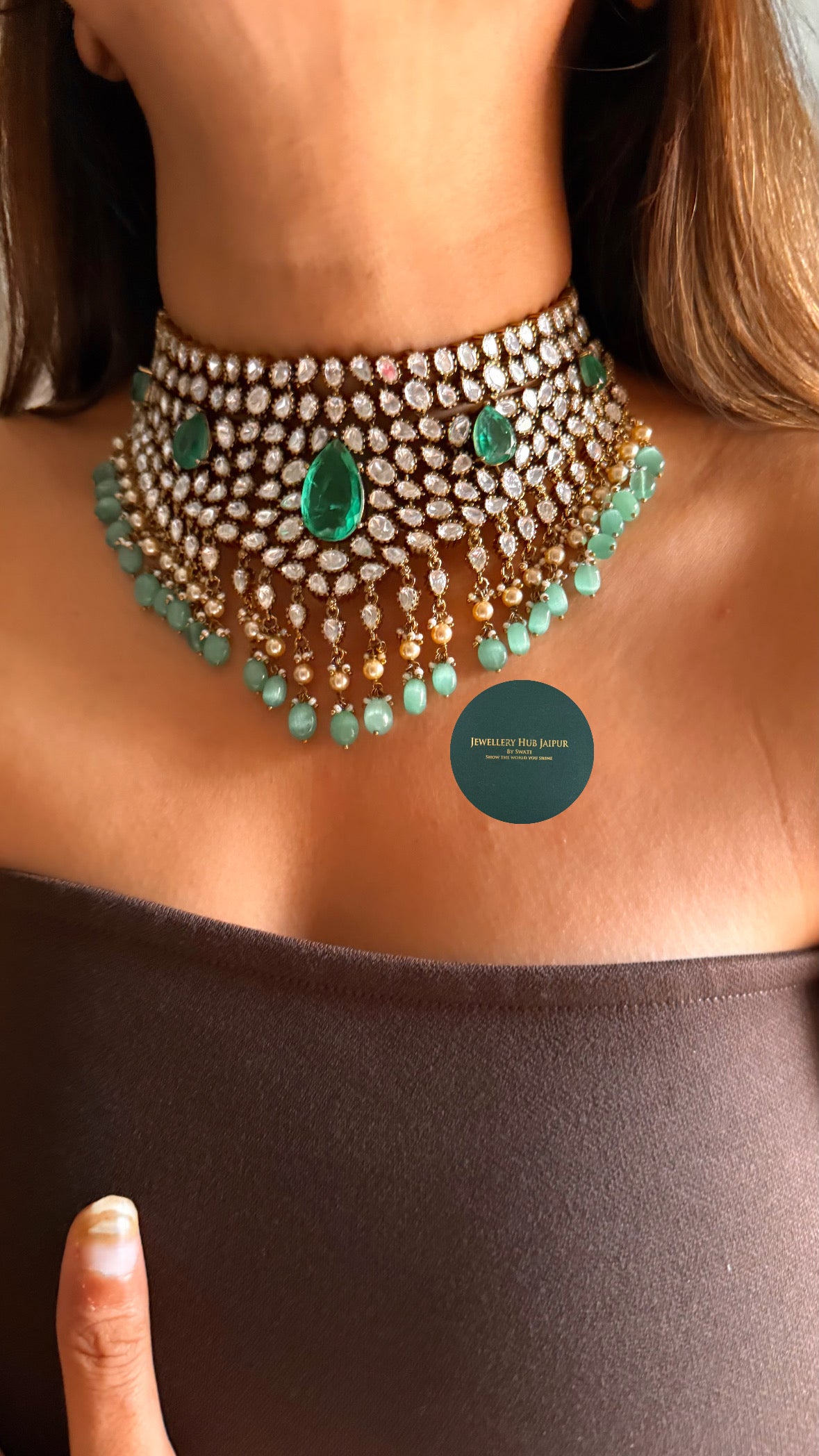 Emerald doublet moissanite polki Victorian choker set