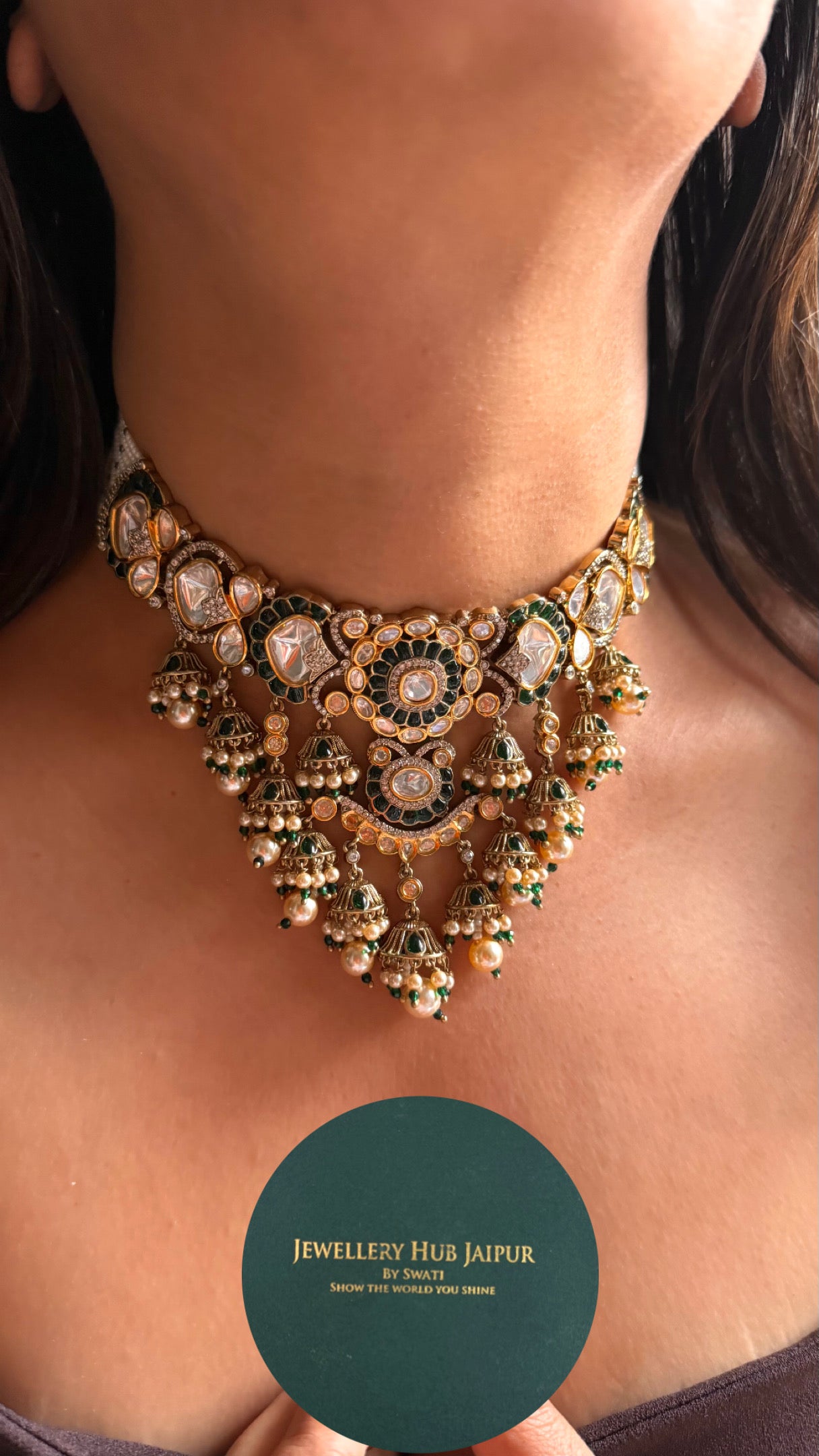 Emerald vintage with jhumki drops choker necklace