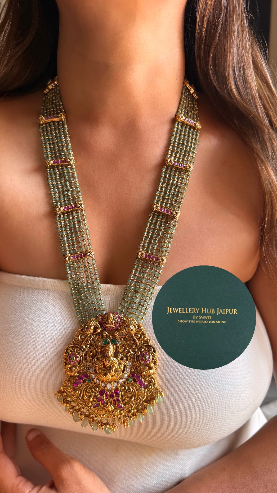 Goddess laxmi emerald & rani pink with mint string temple long set