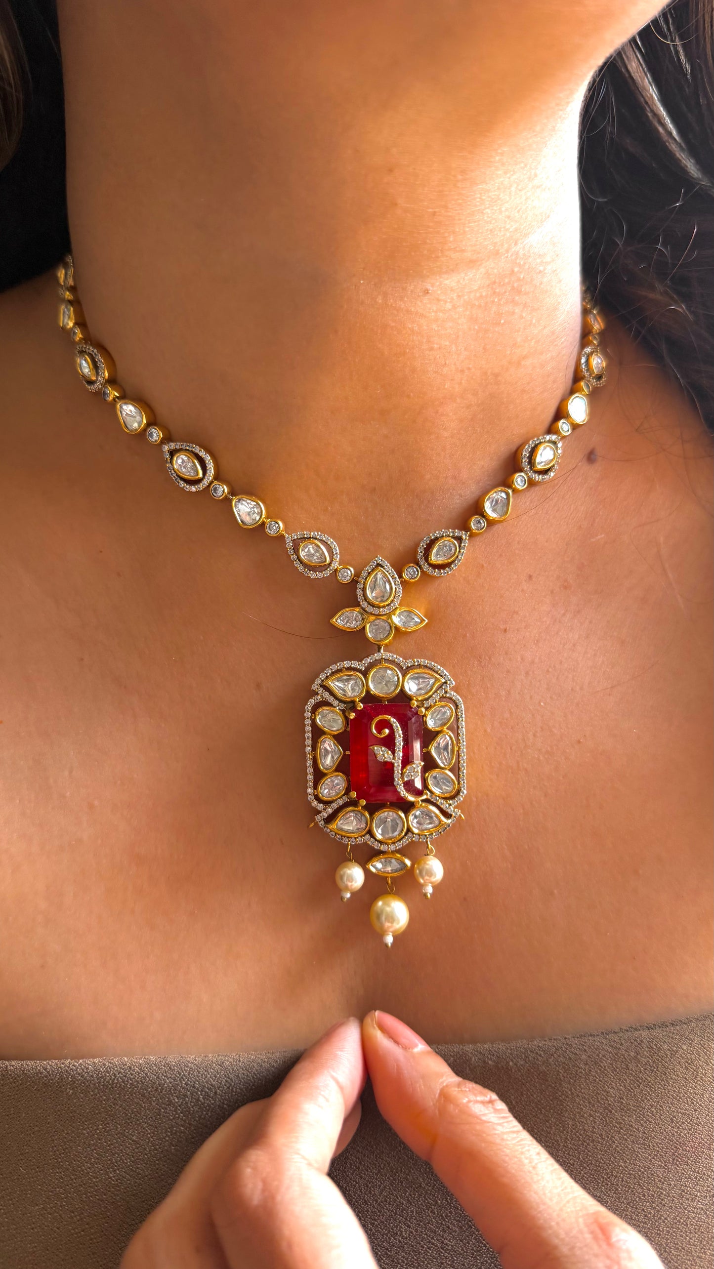 Ruby dual polish Necklace with designer pendant
