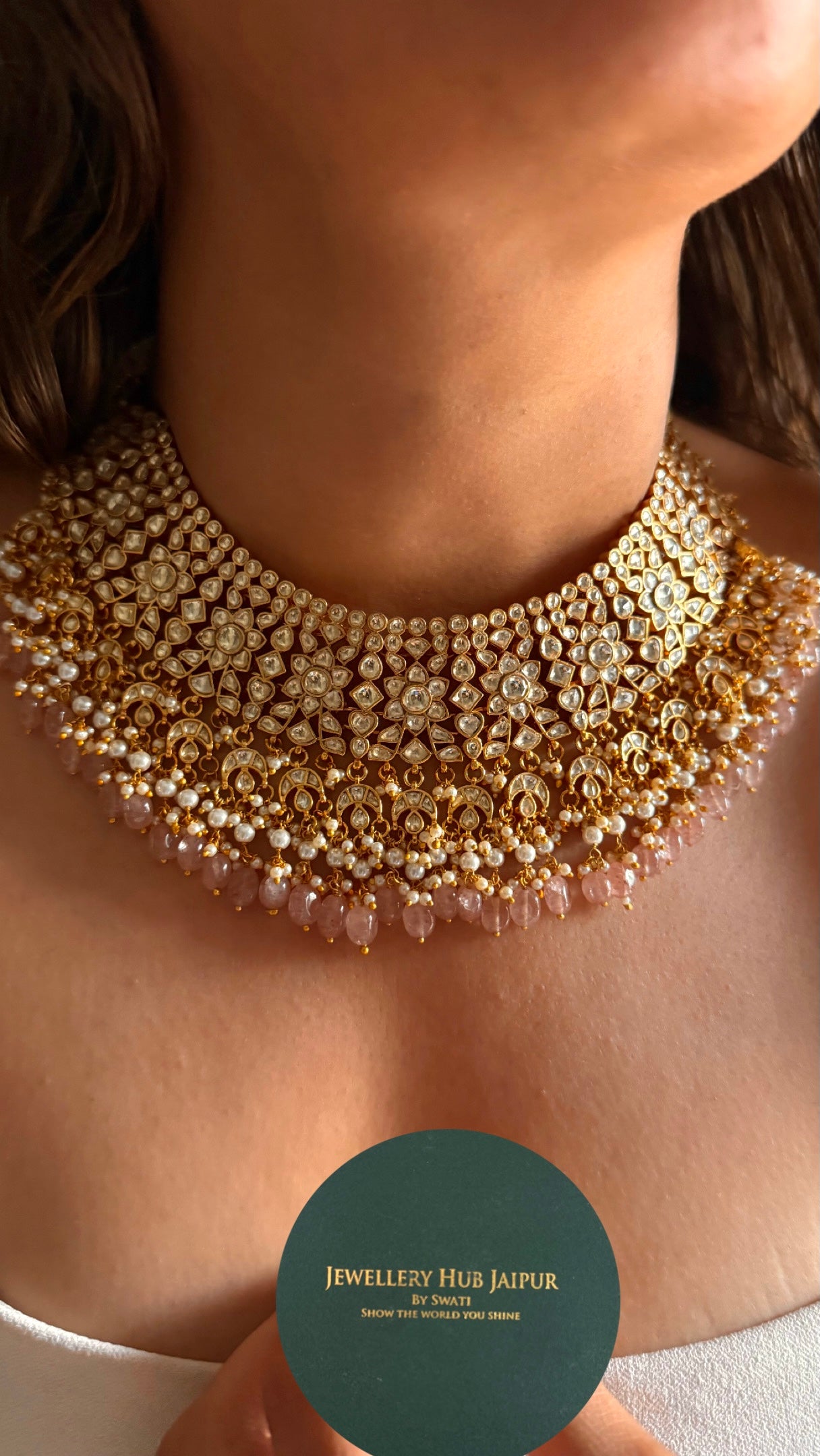 Pachi kundan with rose quartz strawberry detailing Necklace