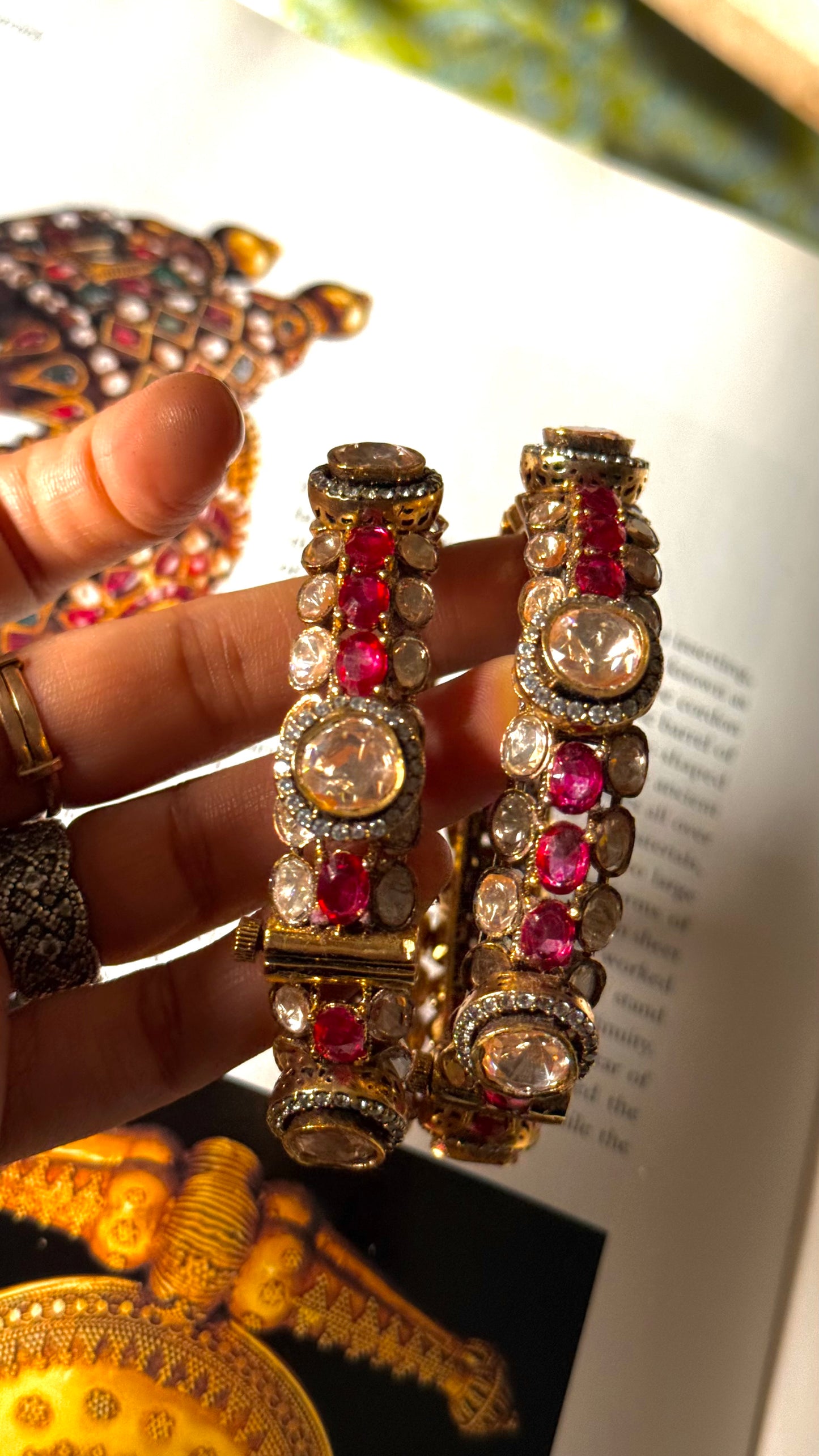 Rani pink real moissanite peeli polki bangles