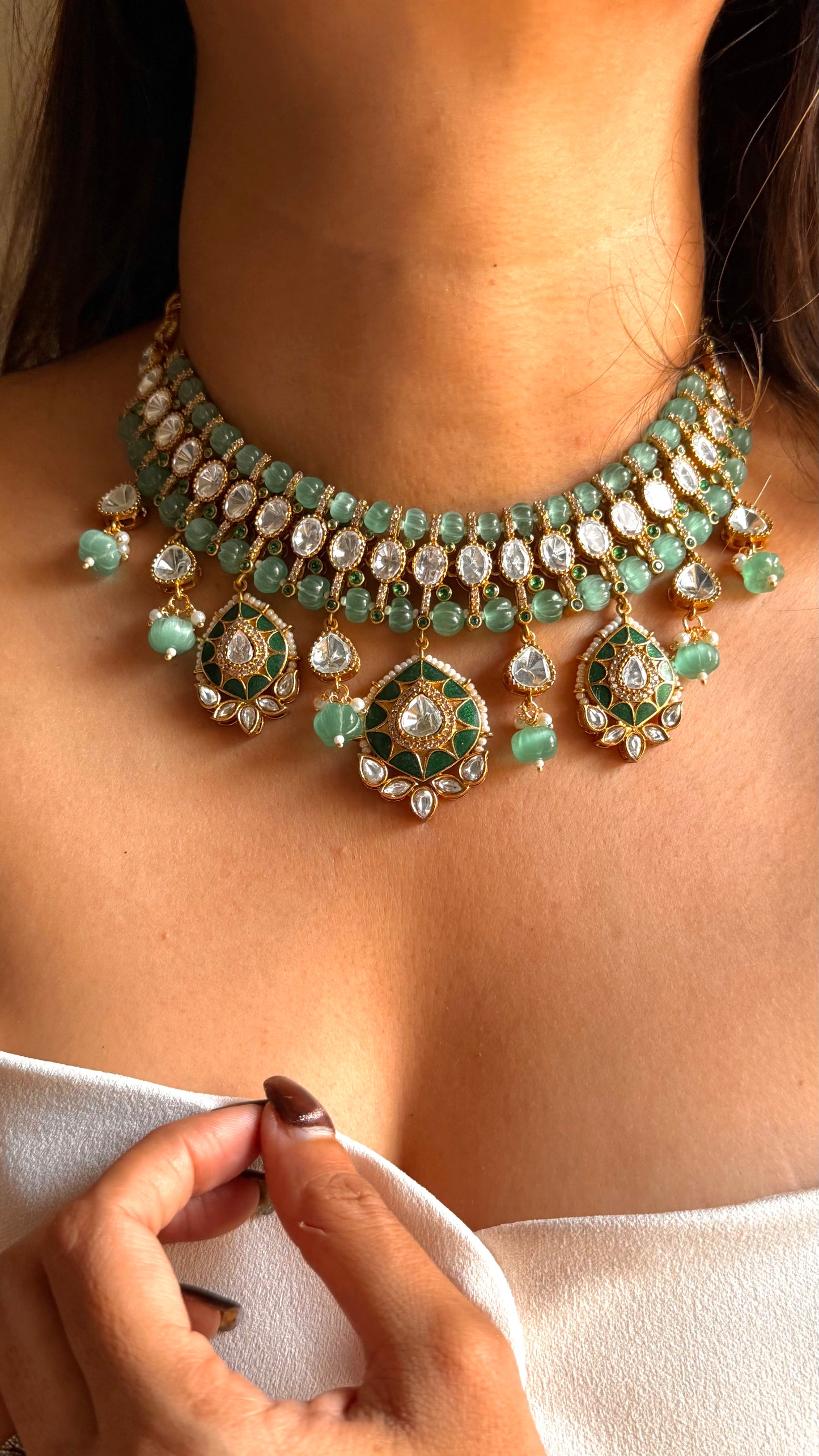 Mint doublet moissanite & emerald katdana set