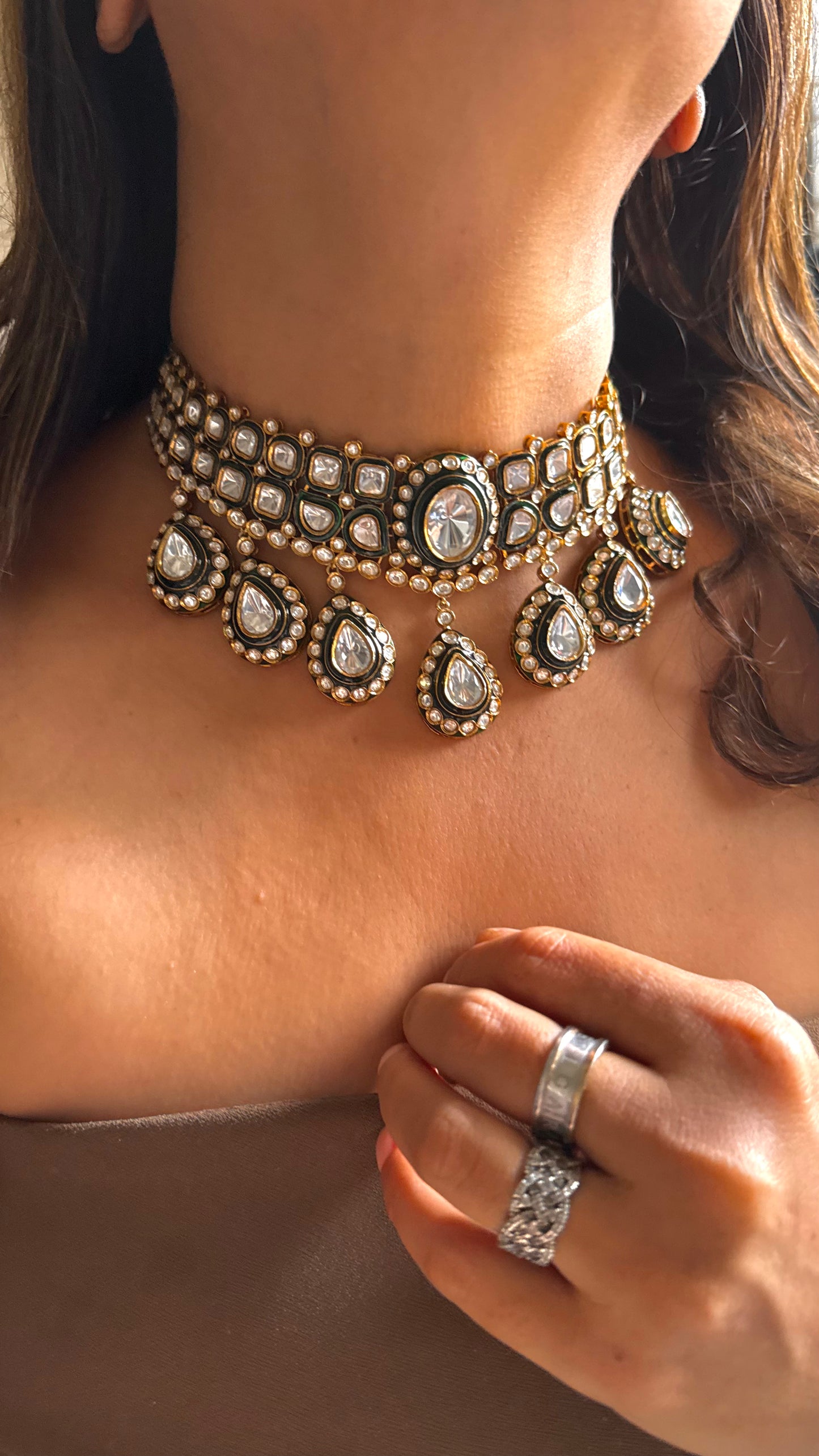 Emerald meenakari uncut polki choker necklace set