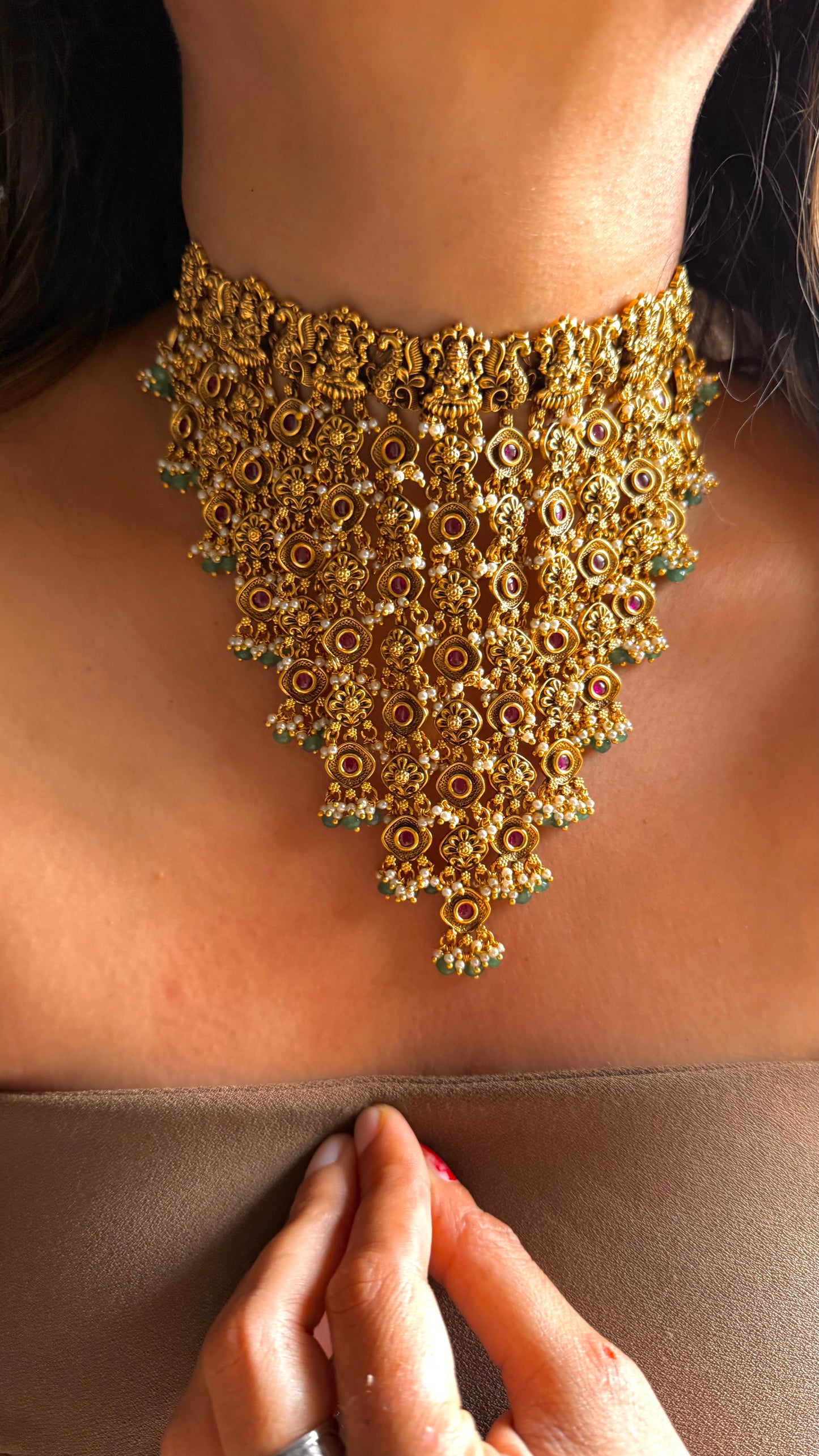 Goddess Laxmi inspired waterfall temple necklace