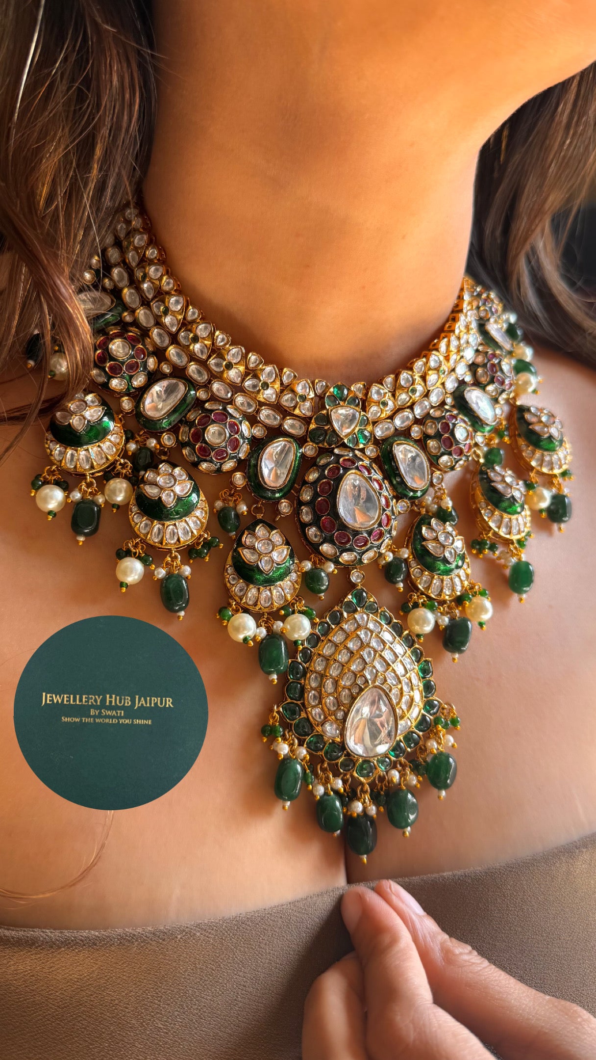 Emerald meenakari heritage polki necklace