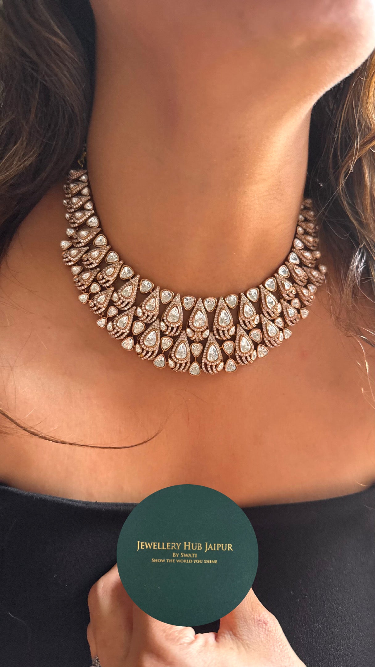 Drop shape polki necklace with earcuff