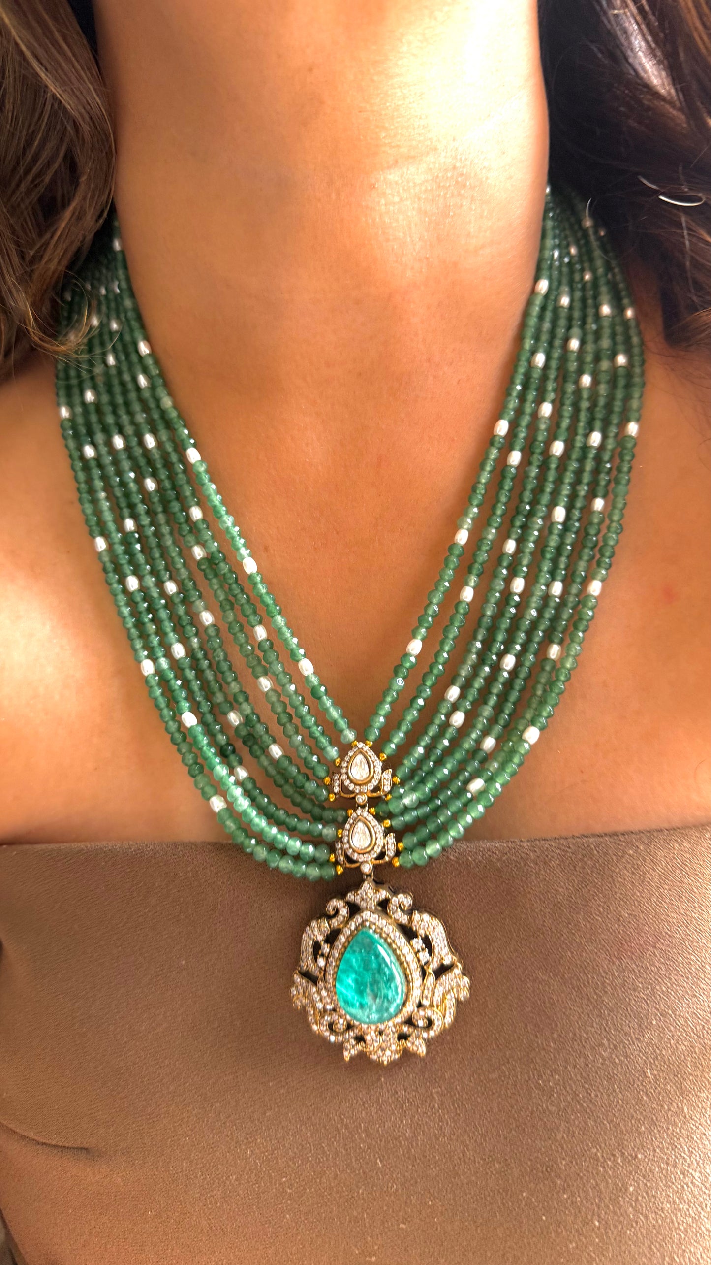 Mint & Pearl triple step pendant Victorian Necklace set