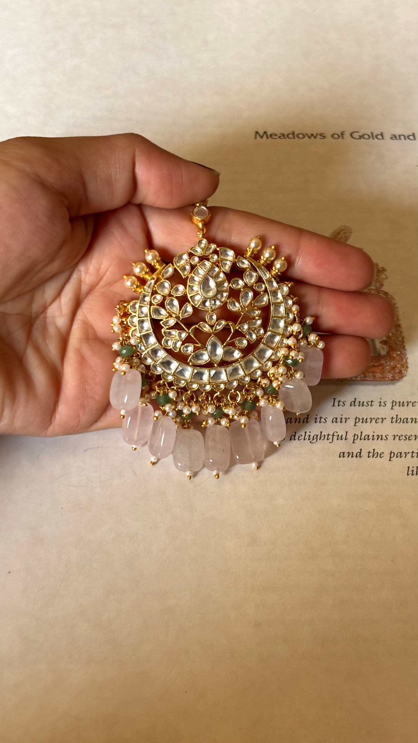 Real paachi with rose quartz drops Maangtika