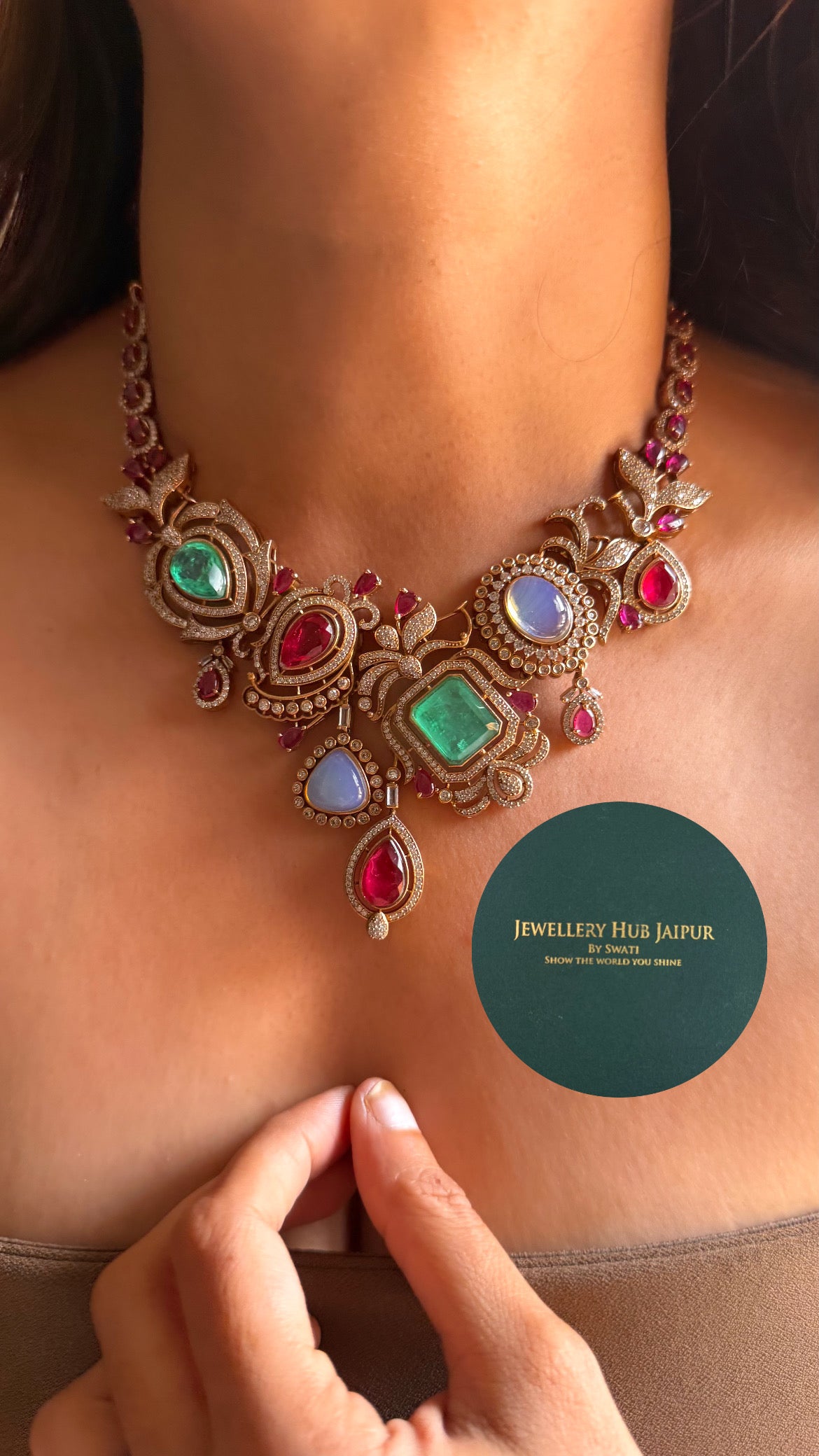 Ruby doublet, mint & sky blue designer cocktail collar set