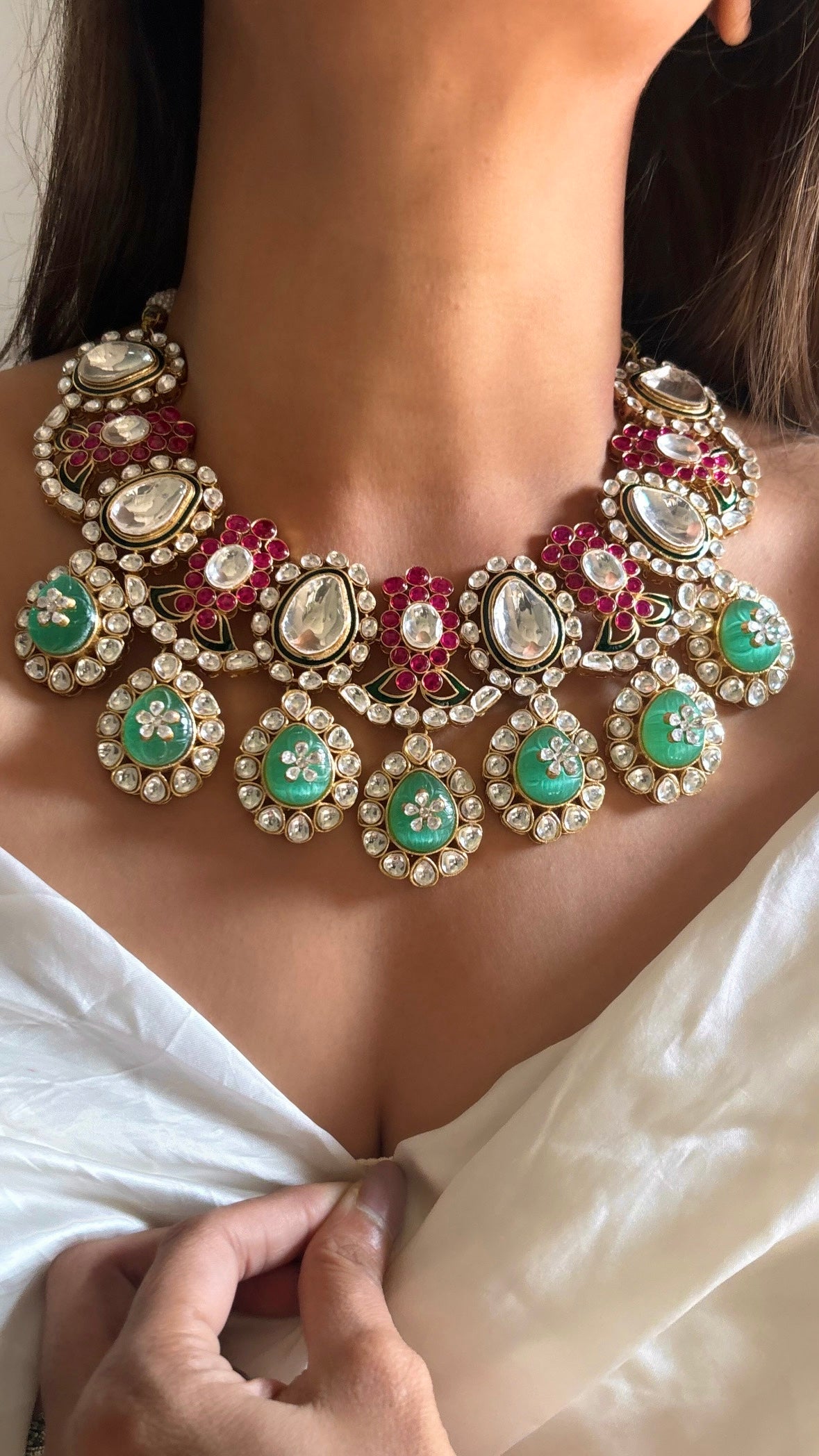 Bridal asia inspired mint & Ruby Chandi polki necklace set