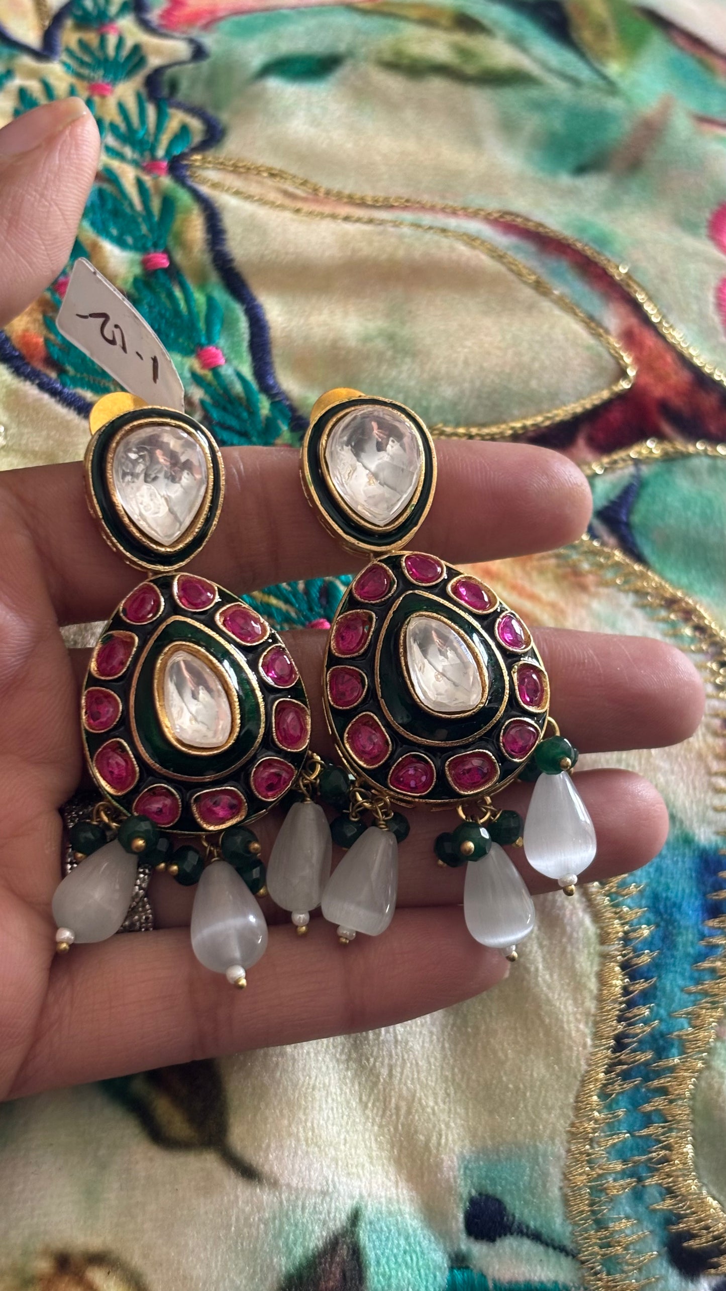 Emerald & ruby meenakari earrings with grey drops