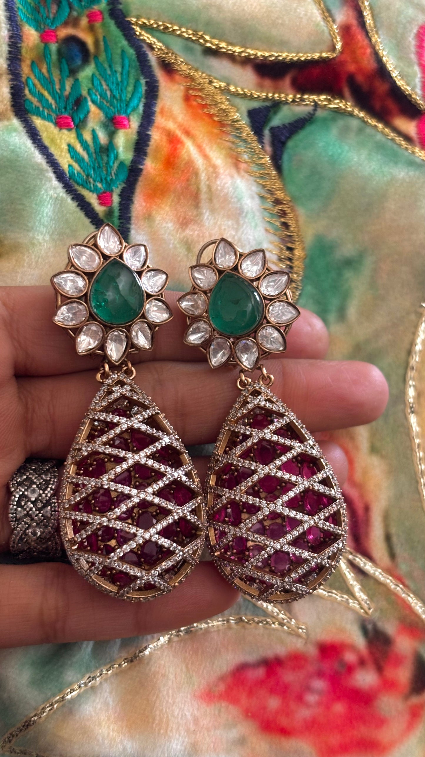 Emerald & rani pink cocktail danglers