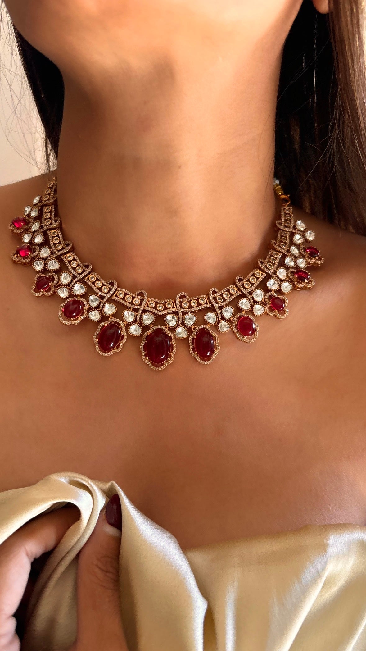 Ruby Moissanite designer collar necklace with earrings