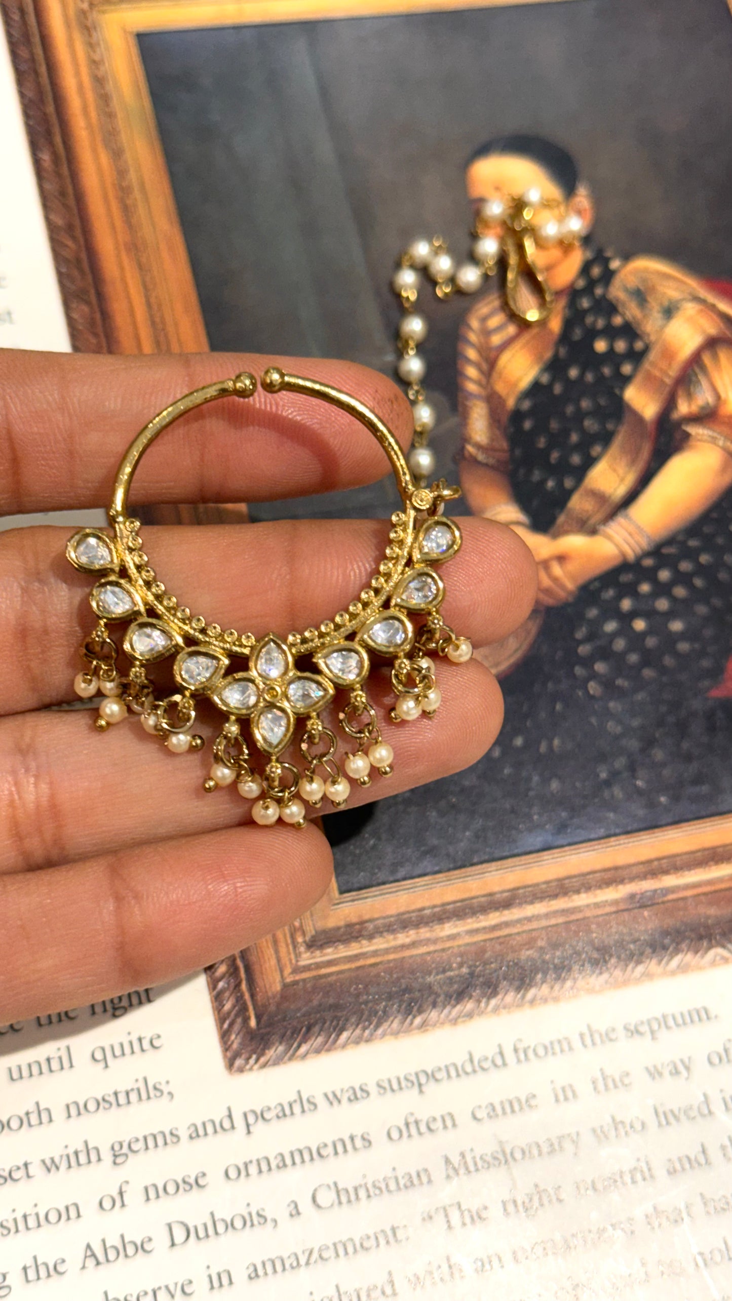 Polki victorian gold nath with gajra detailing