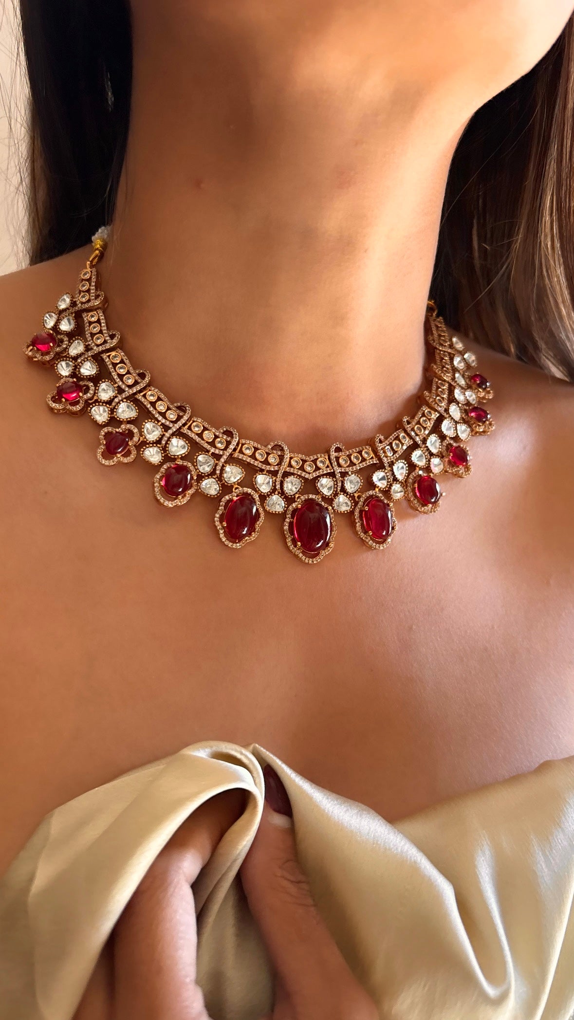 Ruby Moissanite designer collar necklace with earrings