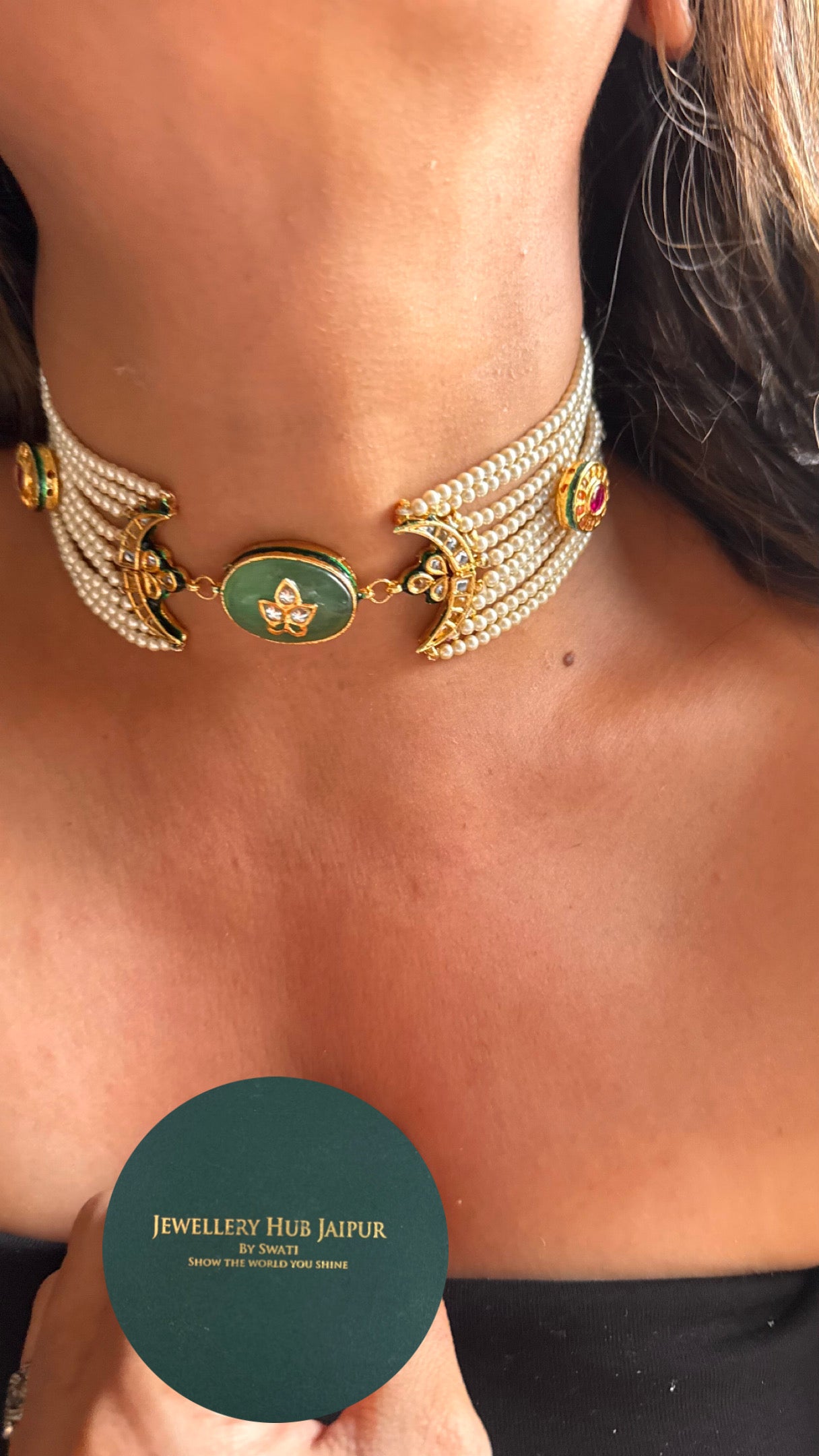 Mint inlay half moon shape meenakari thread choker Necklace