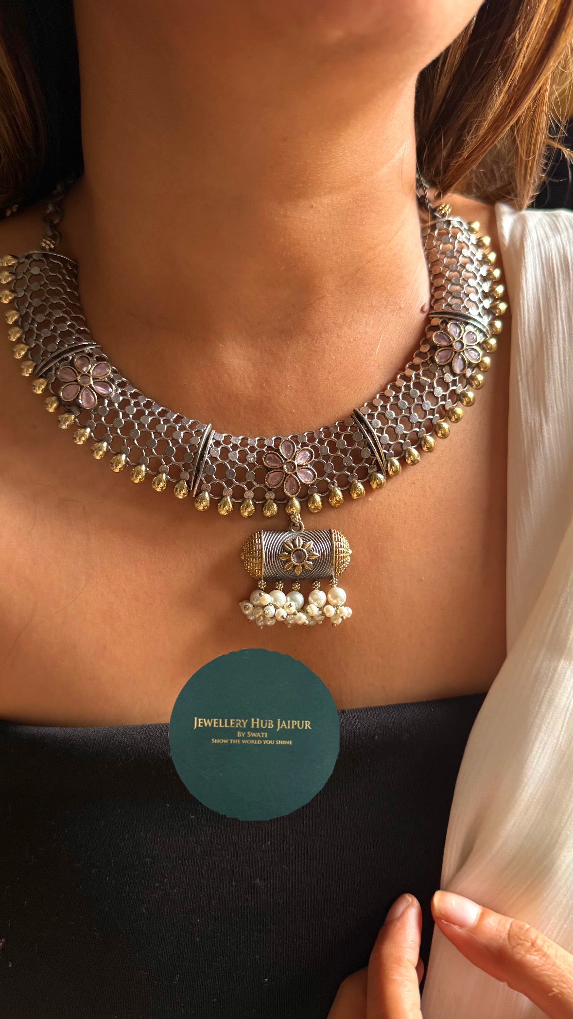 Khera Tribal rose quartz Floral jaal Collar Necklace