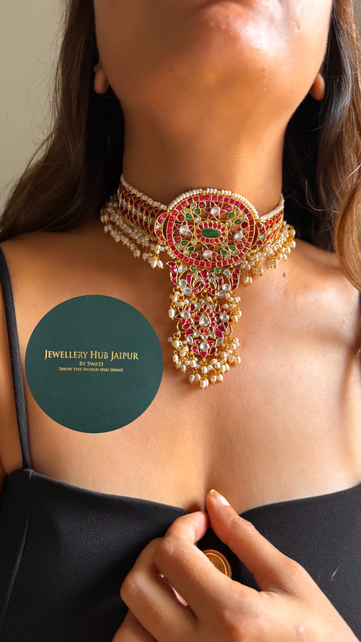 Real Kemp Rani pink & emerald paachi designer choker set
