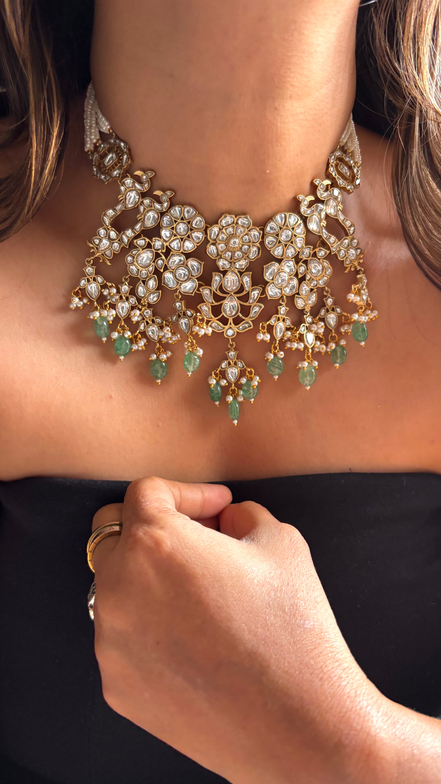 Paachi Necklace combo Set with Floral kundan Detailing & mint drops