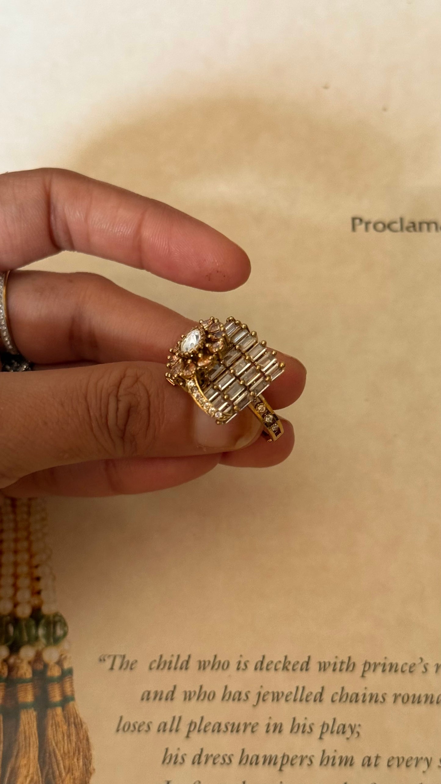 Peach moissanite uncut polki designer adjustable ring