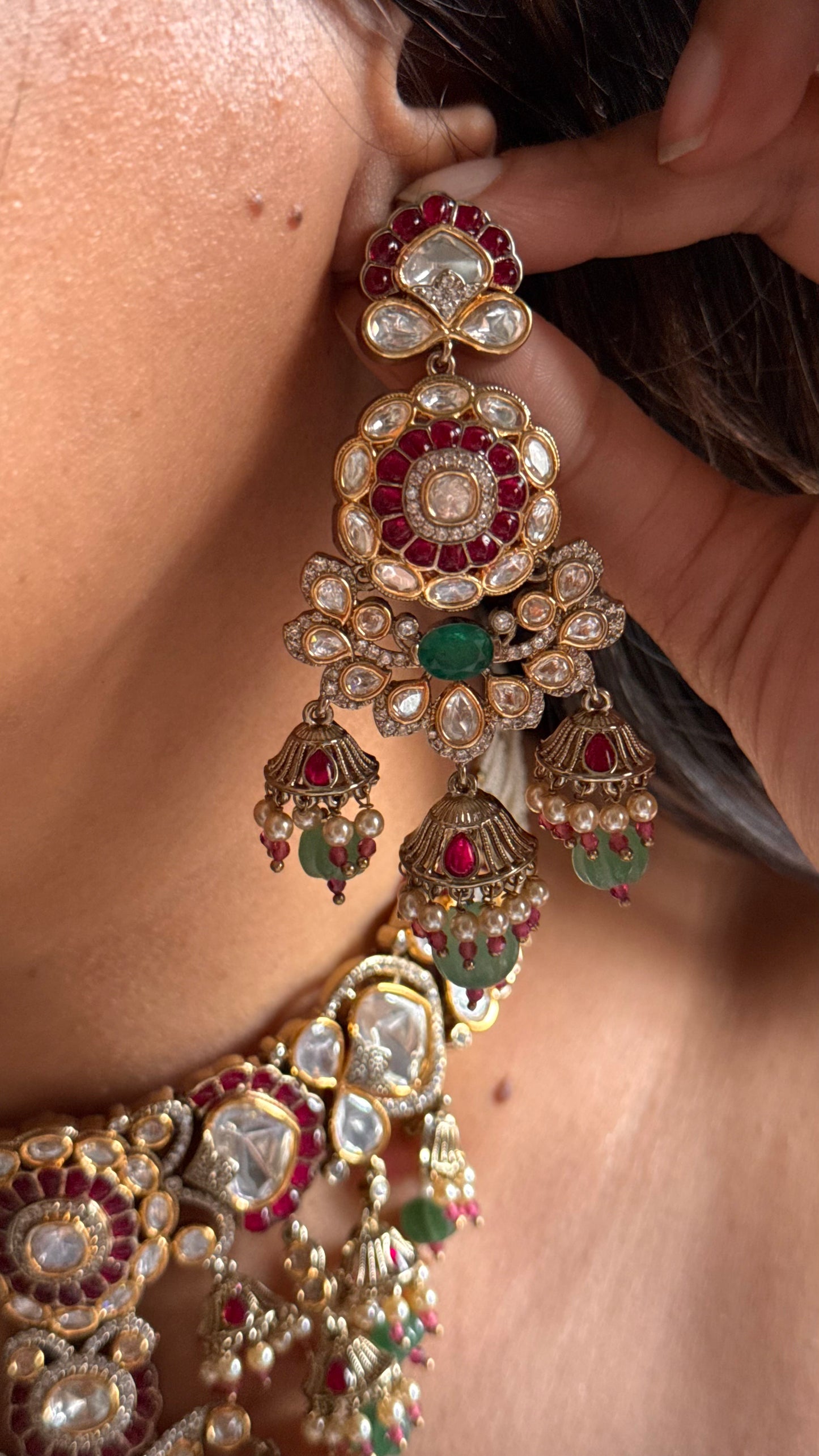 Ruby vintage with mint jhumki detailing choker necklace