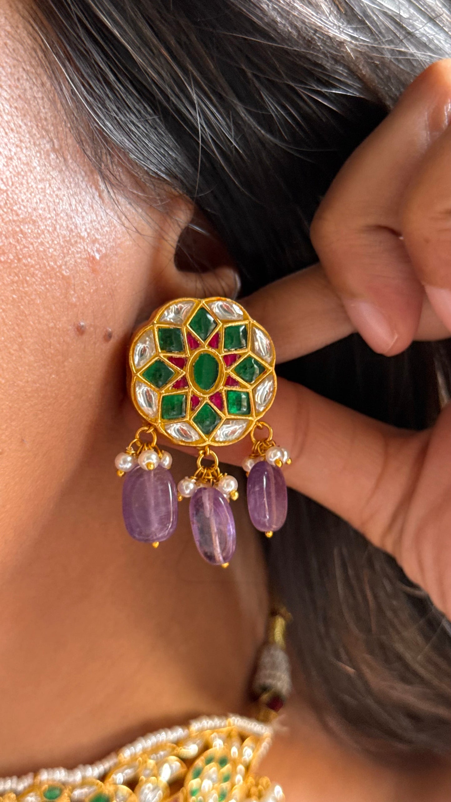 Heritage handmade paachi mixed polki necklace