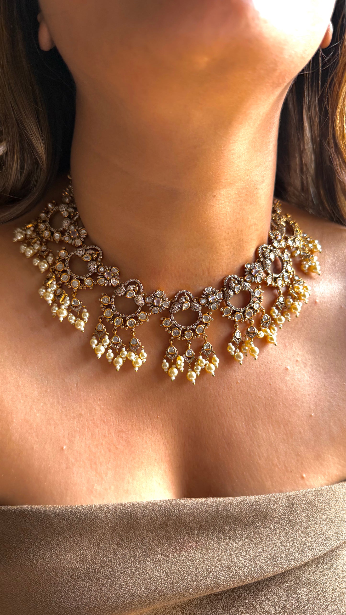 Rose Quartz designer polki collar necklace set with Pearl, drop detailing