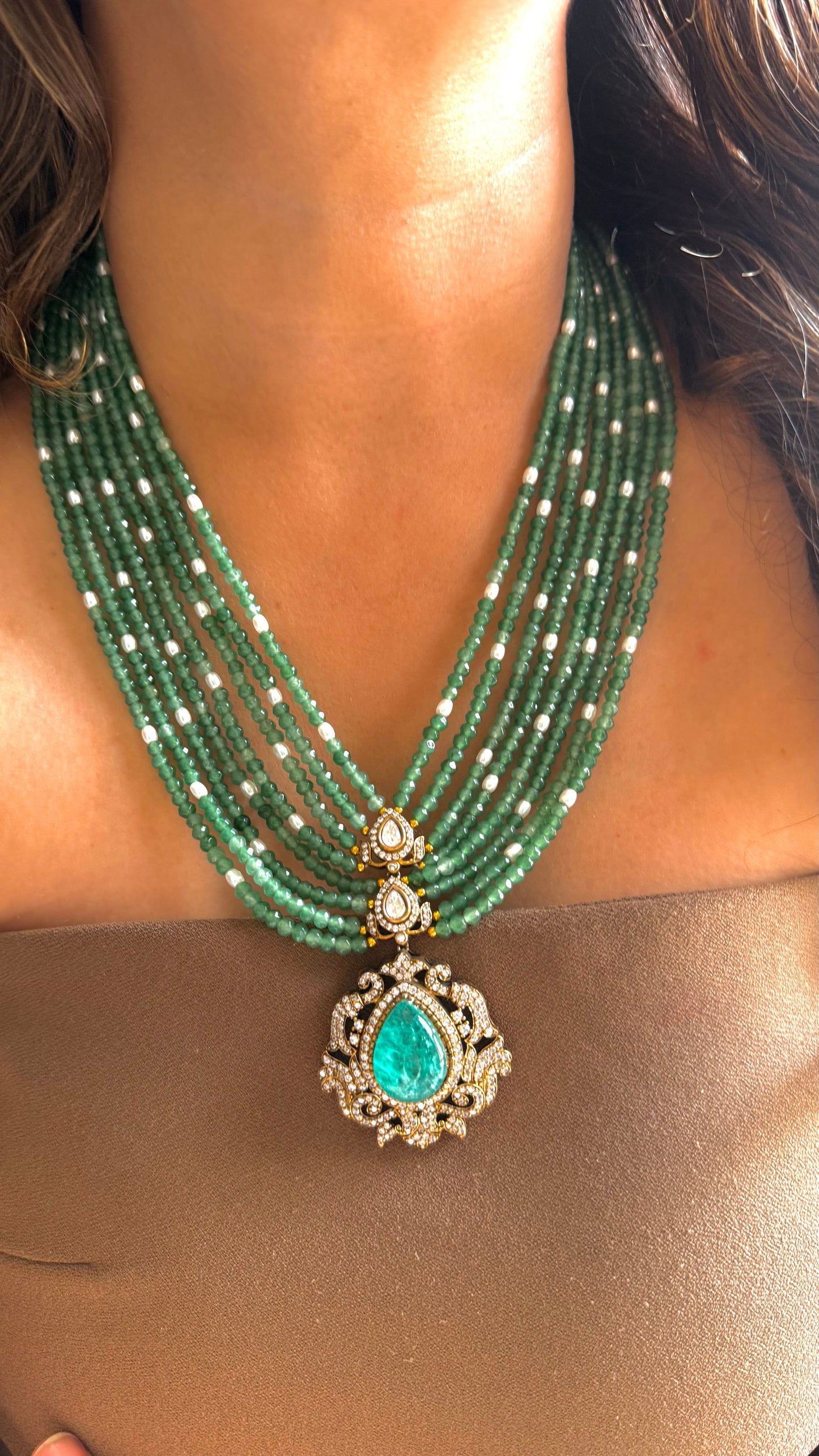 Mint & Pearl triple step pendant Victorian Necklace set