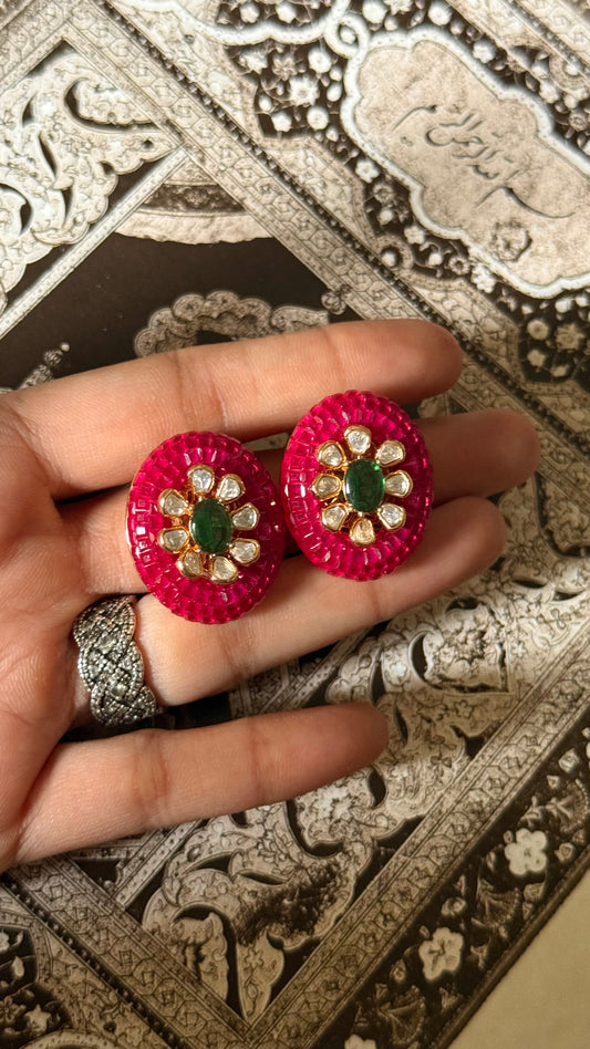 Rani pink & emerald doublet floral studs